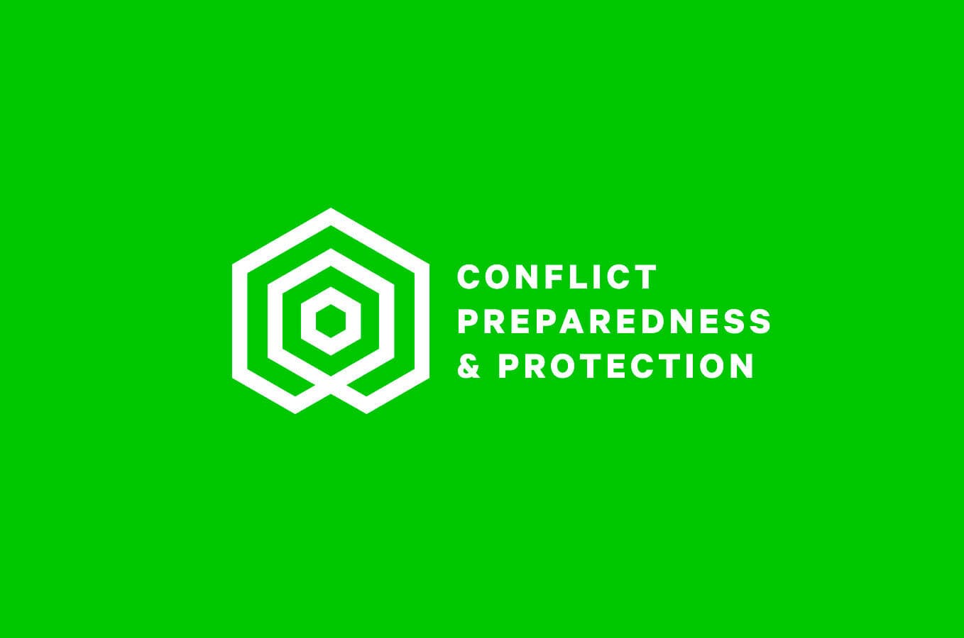 A green background with a white geometric logo resembling a hexagon and concentric shapes on the left. To the right, white text reads "CONFLICT PREPAREDNESS & PROTECTION.