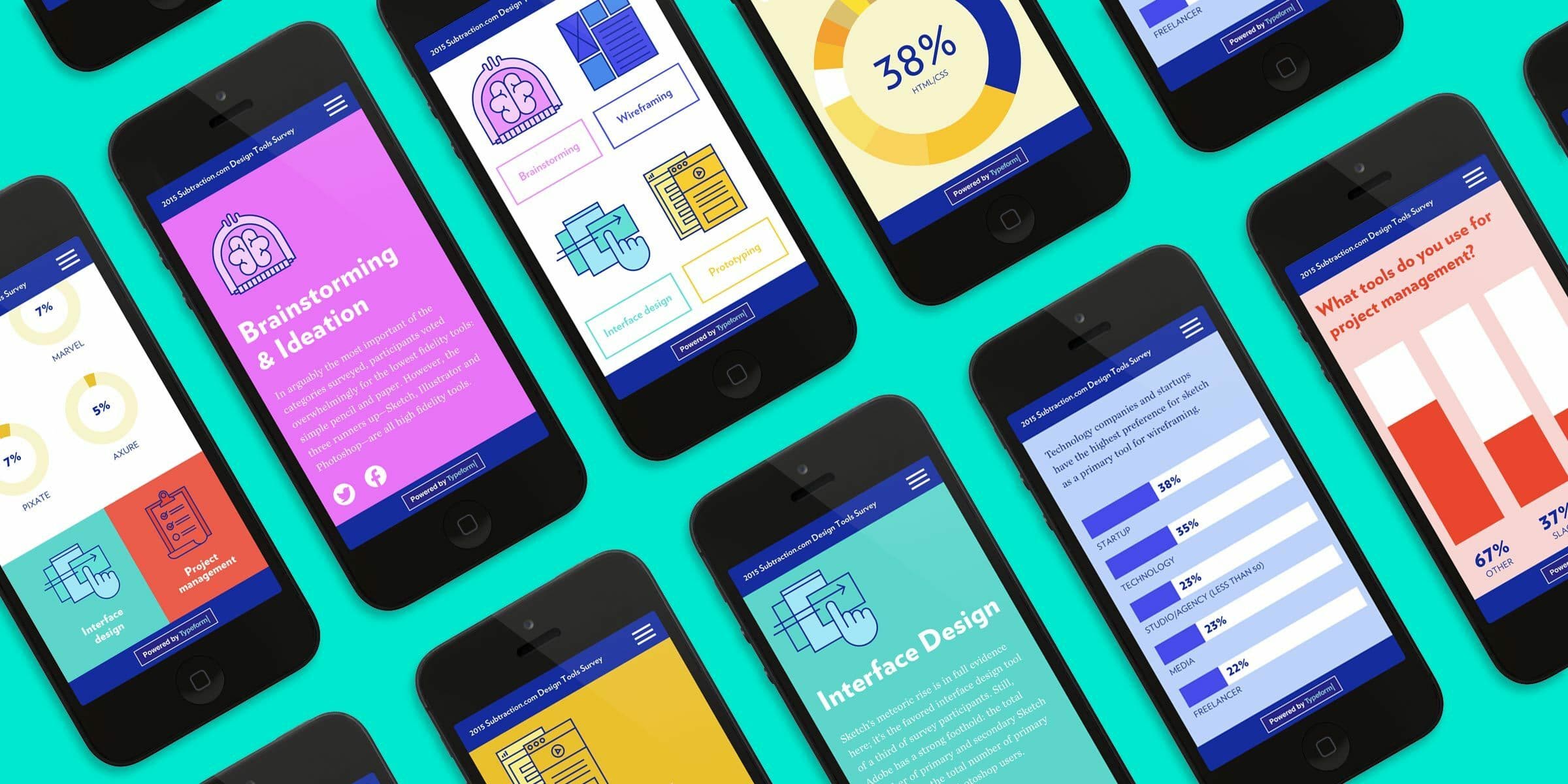 A series of smartphones are displayed on a turquoise background. Each phone shows different screens with colorful designs and charts, featuring information on brainstorming, ideation, interface design, and survey results in various graphical formats.