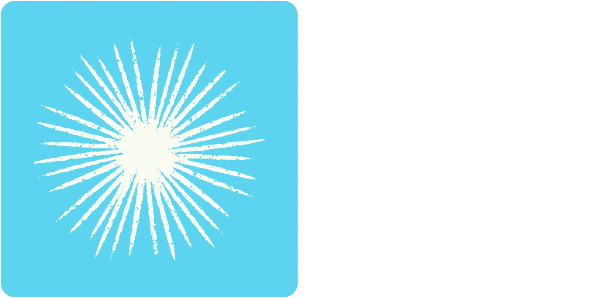 The image features a white, radiating star-like design with numerous spiky rays extending outward from the center, set against a bright blue square background.