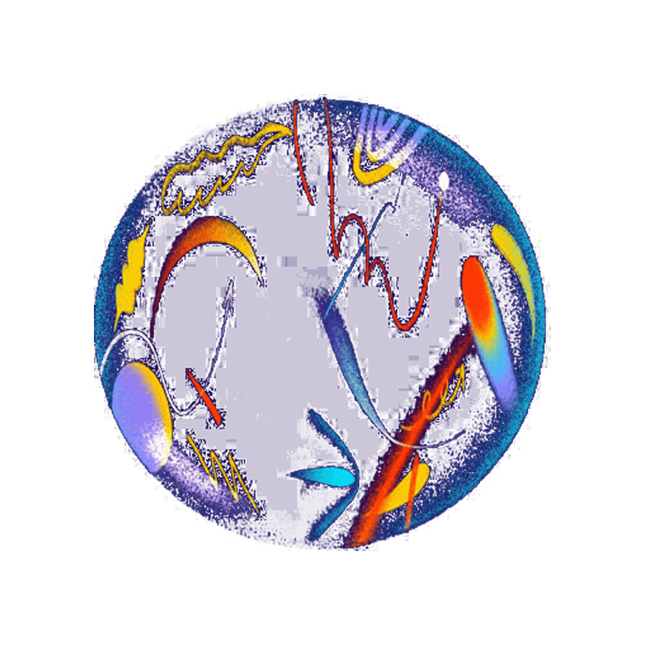 Abstract digital art with vibrant colors. A dark blue background features swirling lines, arcs, and shapes in orange, yellow, red, and light blue. The composition resembles dynamic, fluid motion within a circular frame.