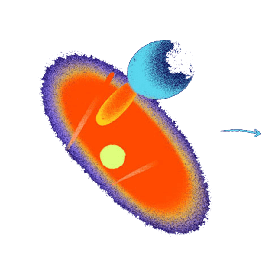 Abstract illustration of a bright orange ellipse with a yellow center, intersected by geometric shapes and a blue sphere at the top. A small blue arrow points to the right, set against a dark blue background.