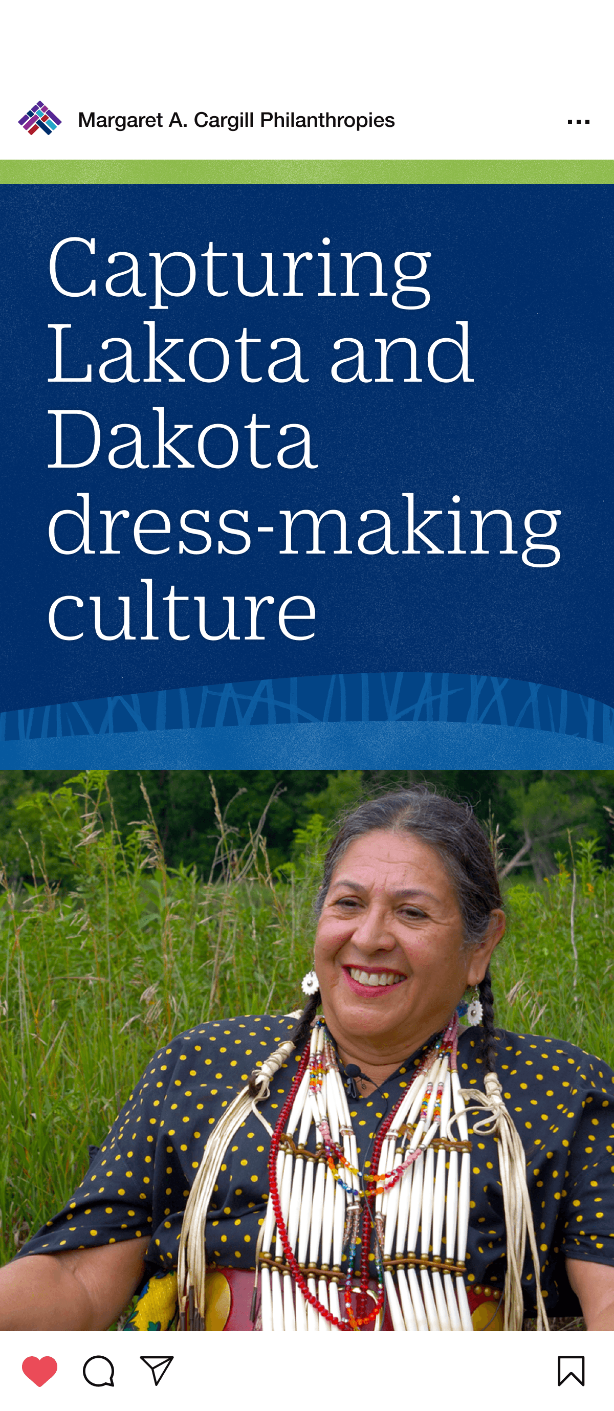 A woman wearing traditional beaded jewelry and a dress adorned with ornaments smiles while sitting outdoors. The text reads, "Capturing Lakota and Dakota dress-making culture.