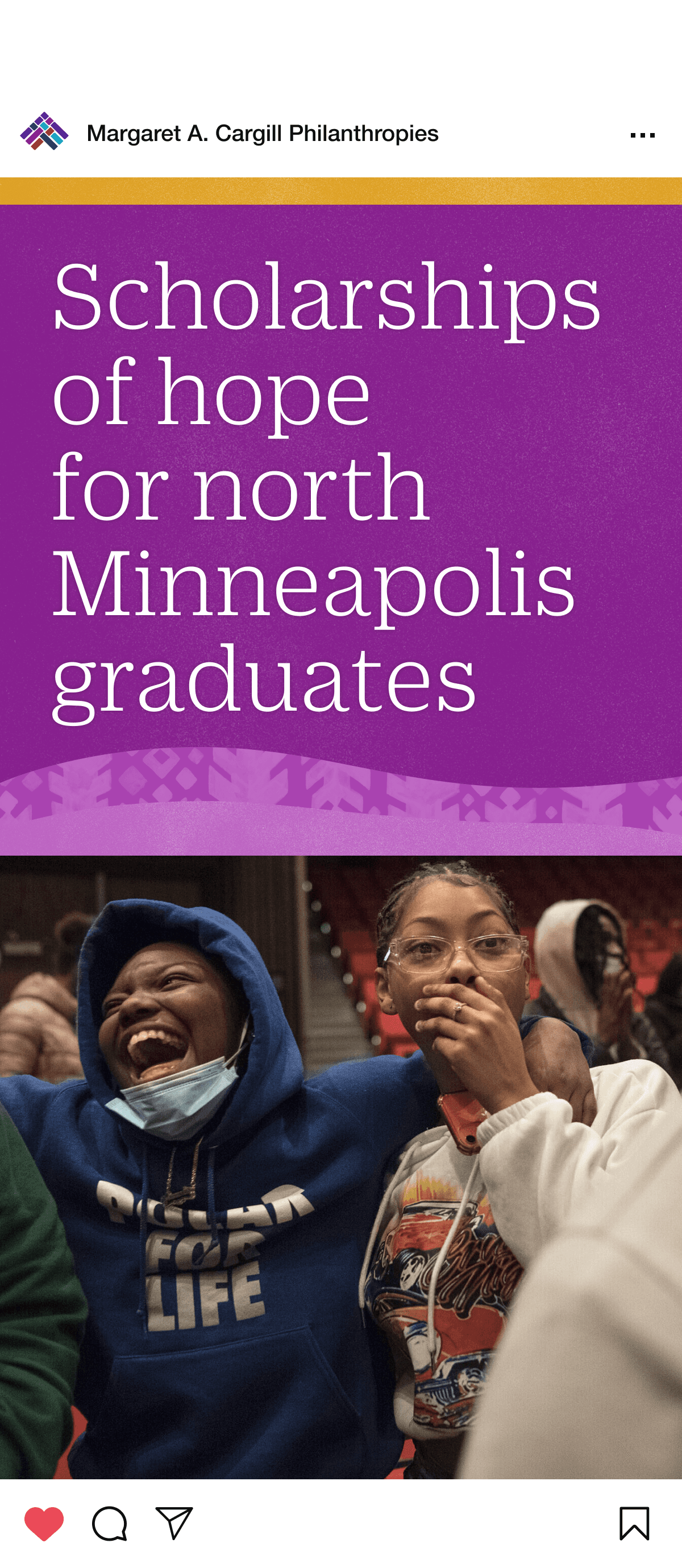 A group of smiling young people are seated closely, with one wearing a blue hoodie and another in glasses. The overlay text reads, "Scholarships of hope for north Minneapolis graduates.