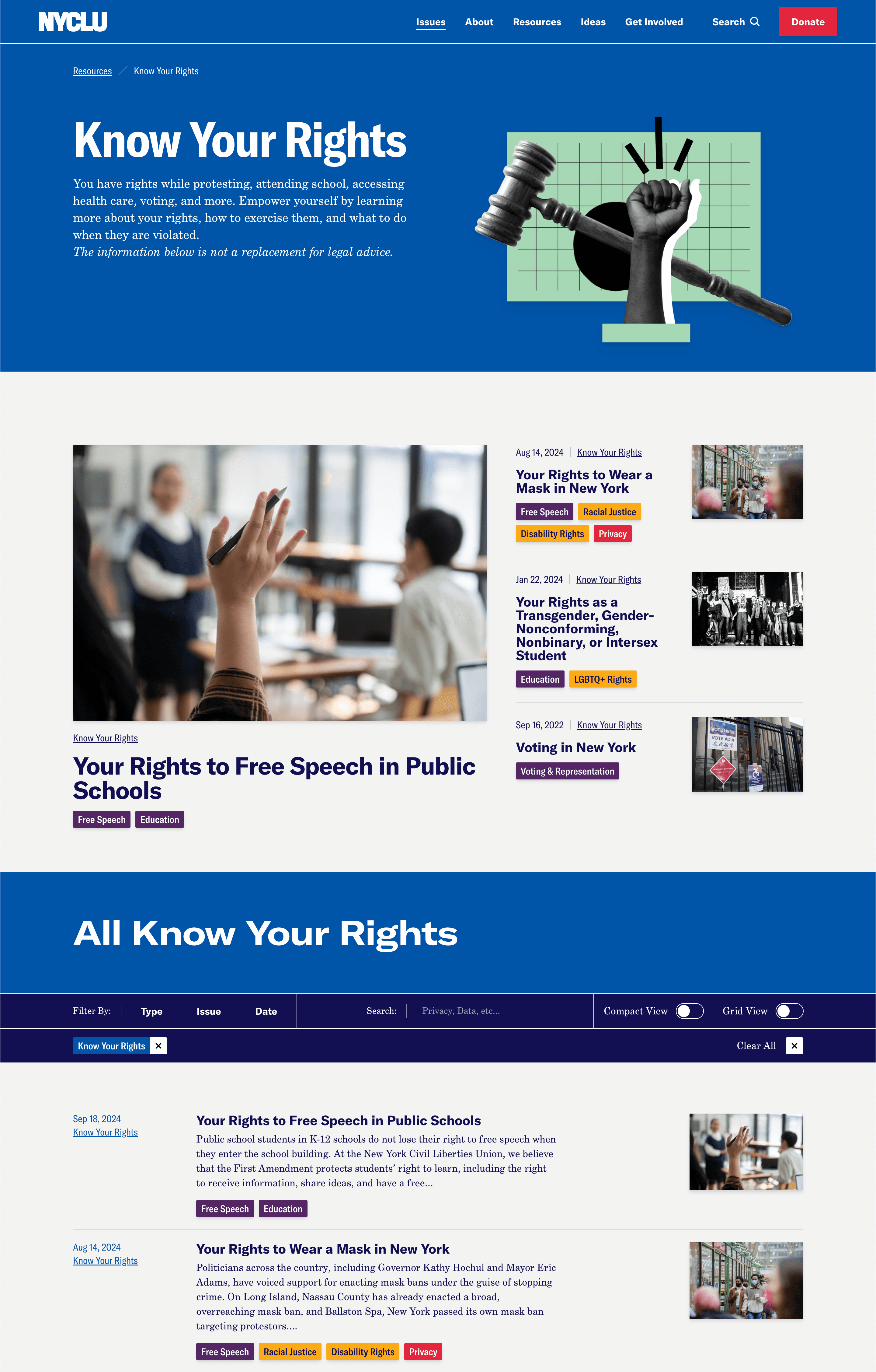 Screenshot of a webpage titled "Know Your Rights." Features images of a gavel, raised hands, and protest photos. Includes links to articles on rights in public schools, mask mandates, and voting laws. Offers resources and search functionality.