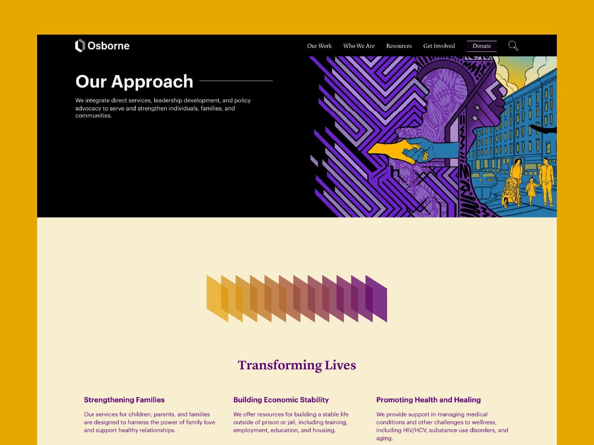 Screenshot of the Osborne website titled "Our Approach." The page features a section on transforming lives with three subsections: Strengthening Families, Building Economic Stability, and Promoting Health and Healing, each accompanied by brief descriptions and icons.