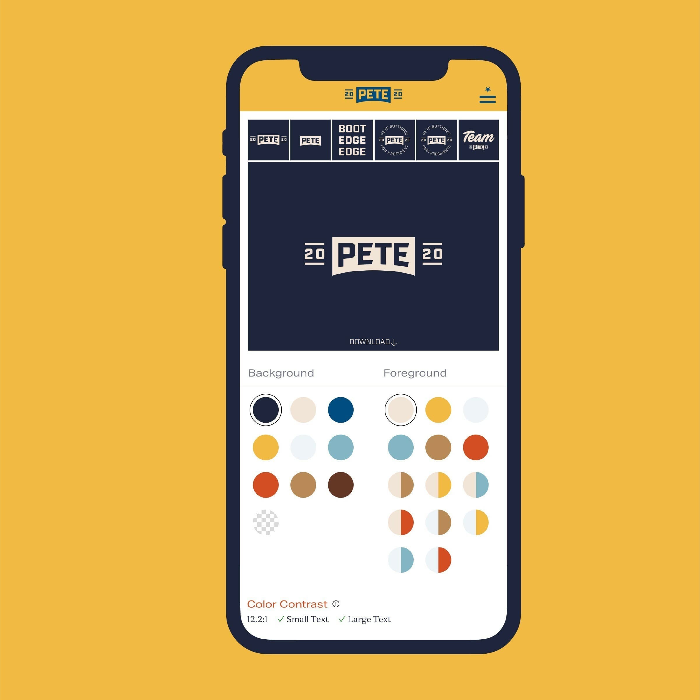 A smartphone displays a design interface with a dark blue banner that reads "PETE 2020" and several logo variations at the top. Below, there are options to change the background and foreground colors, with various color swatches available. The phone has a yellow background.