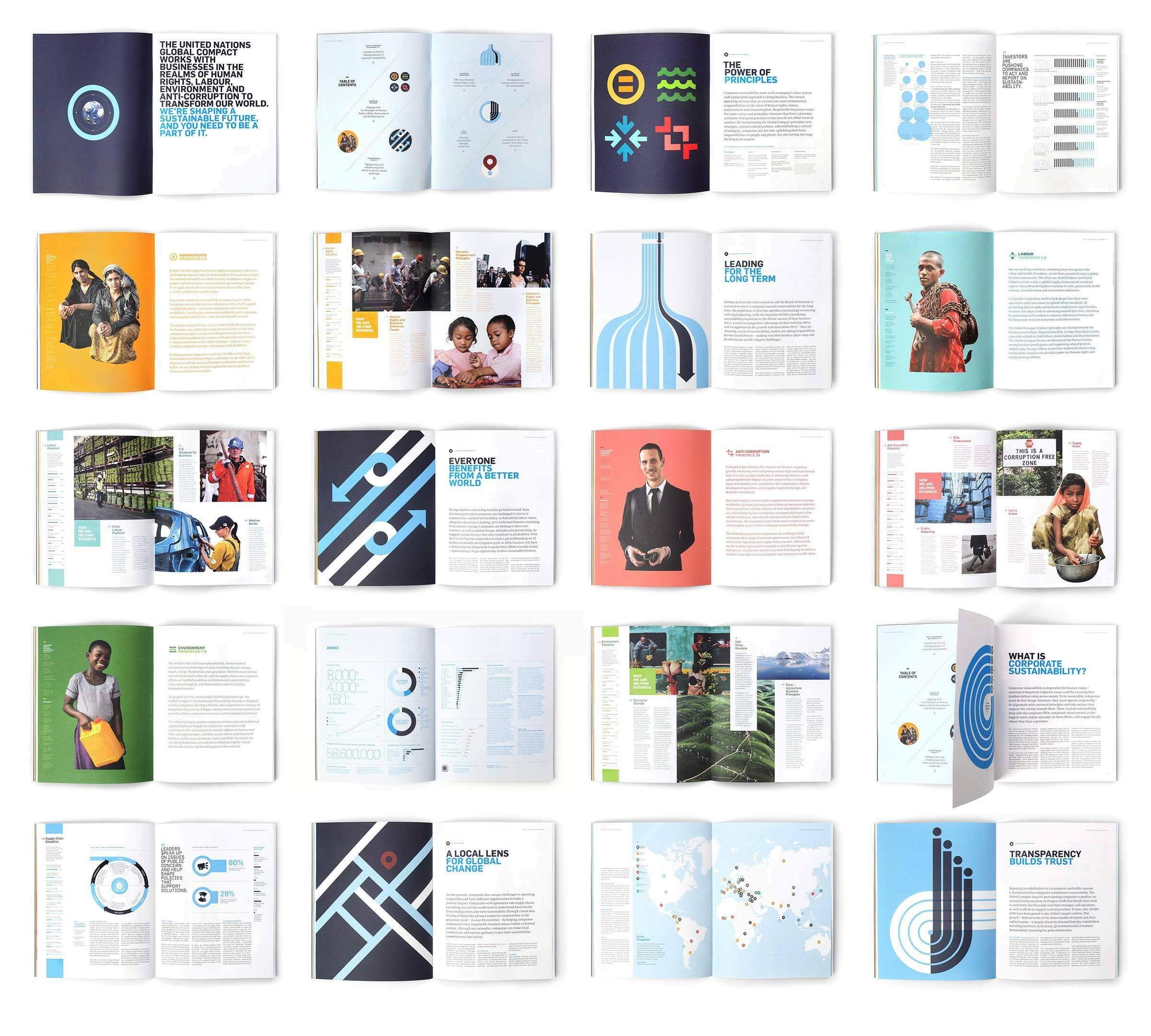 A layout of a multi-page brochure displayed in a grid format. The brochure contains a mix of text, infographics, and images featuring people, colorful designs, charts, maps, and various icons. The pages emphasize varied topics through visually appealing content.