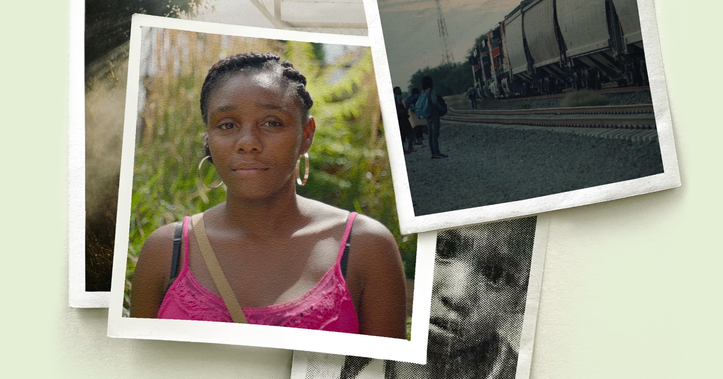 A collage of photographs features a young woman with braided hair wearing a pink tank top and hoop earrings, a group of people standing near a train on tracks, and a monochrome image of a child's face. The photos are slightly overlapping on a light background.