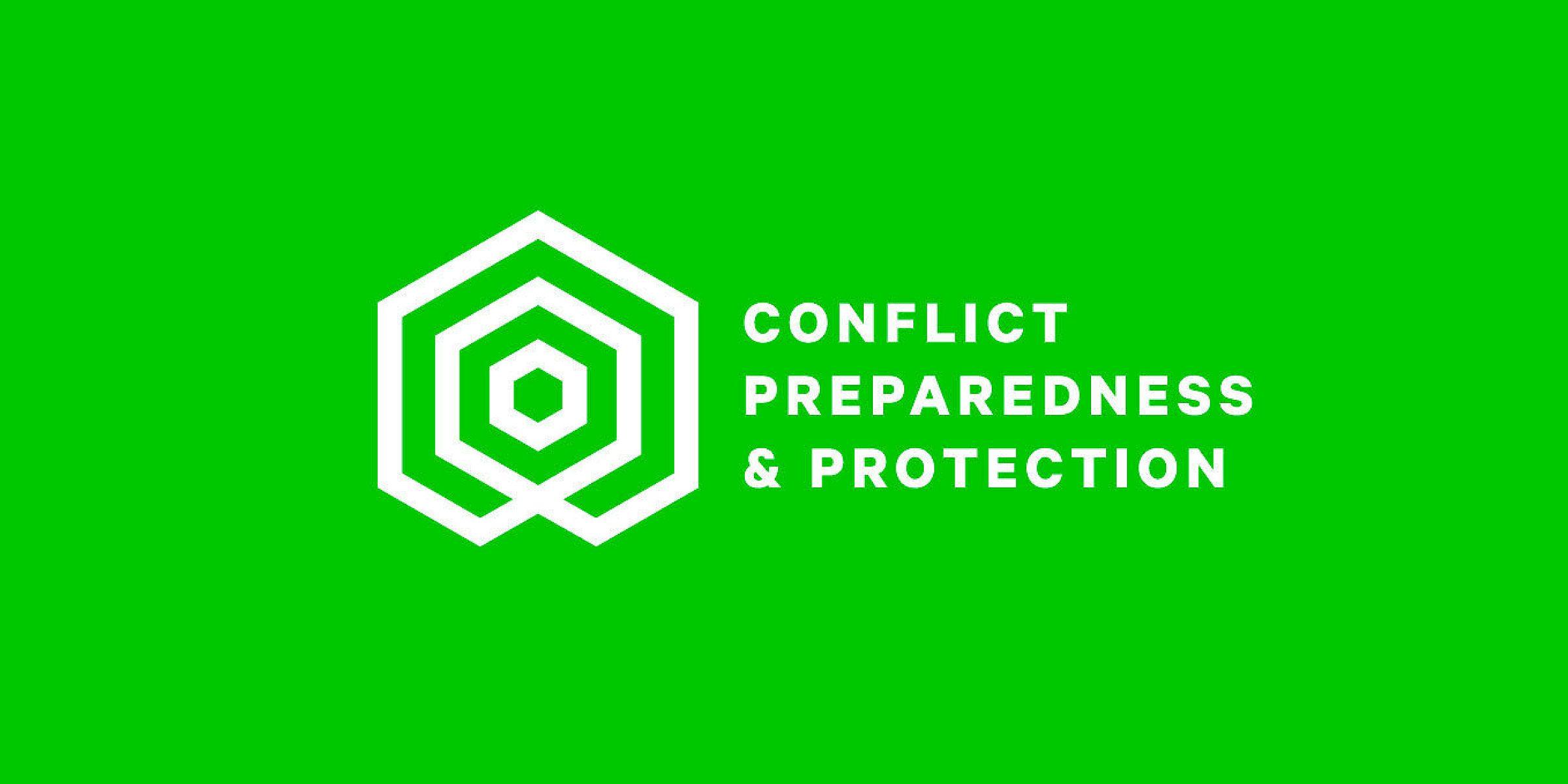 A green background with a white geometric logo resembling a hexagon and concentric shapes on the left. To the right, white text reads "CONFLICT PREPAREDNESS & PROTECTION.