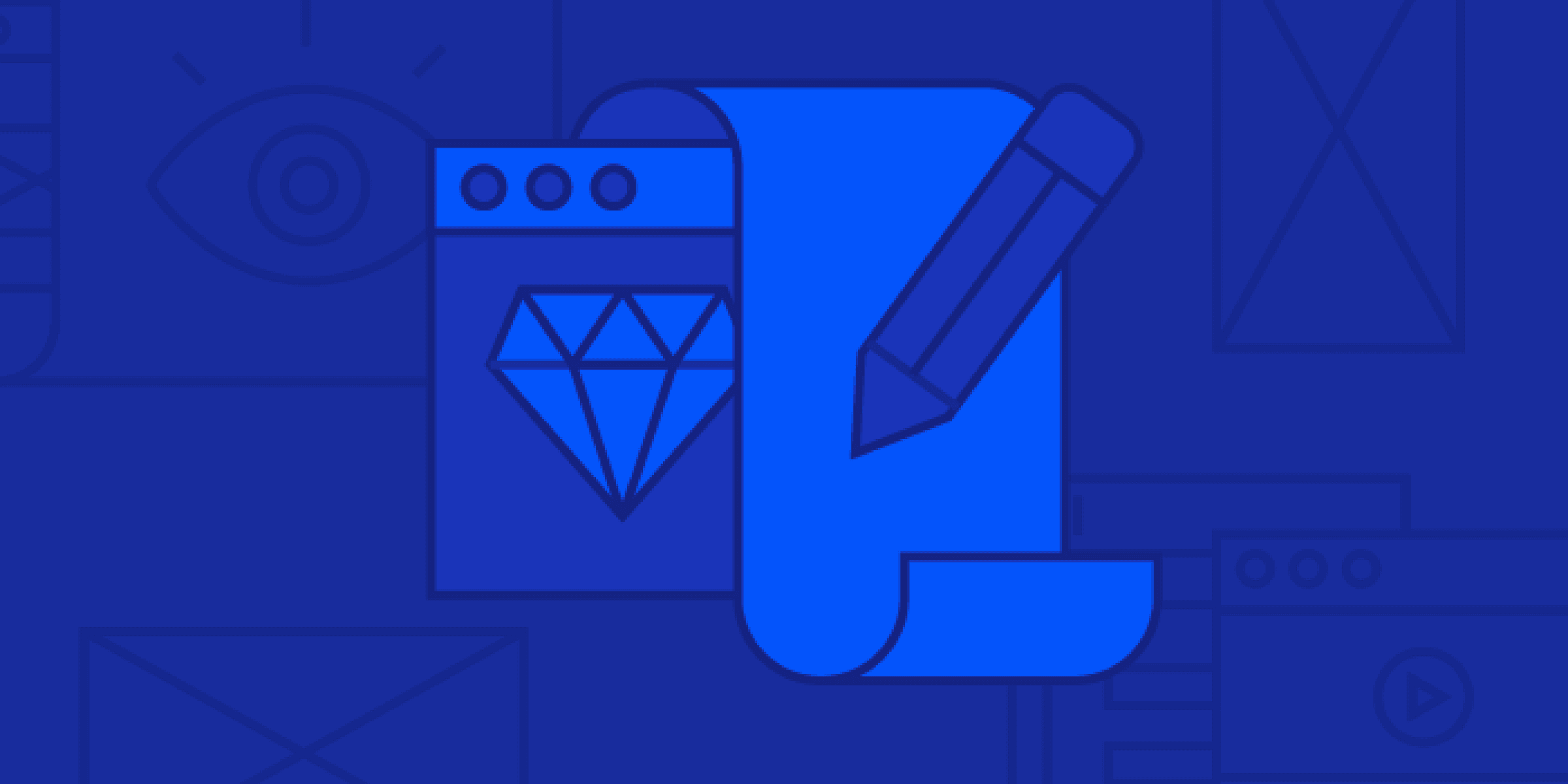 Illustration of a web design interface on a blue background. The design features a web browser window with a diamond icon, a rolled-up document, and a pencil. Faint outlines of web elements like a browser with an eye and layout diagrams are in the background.