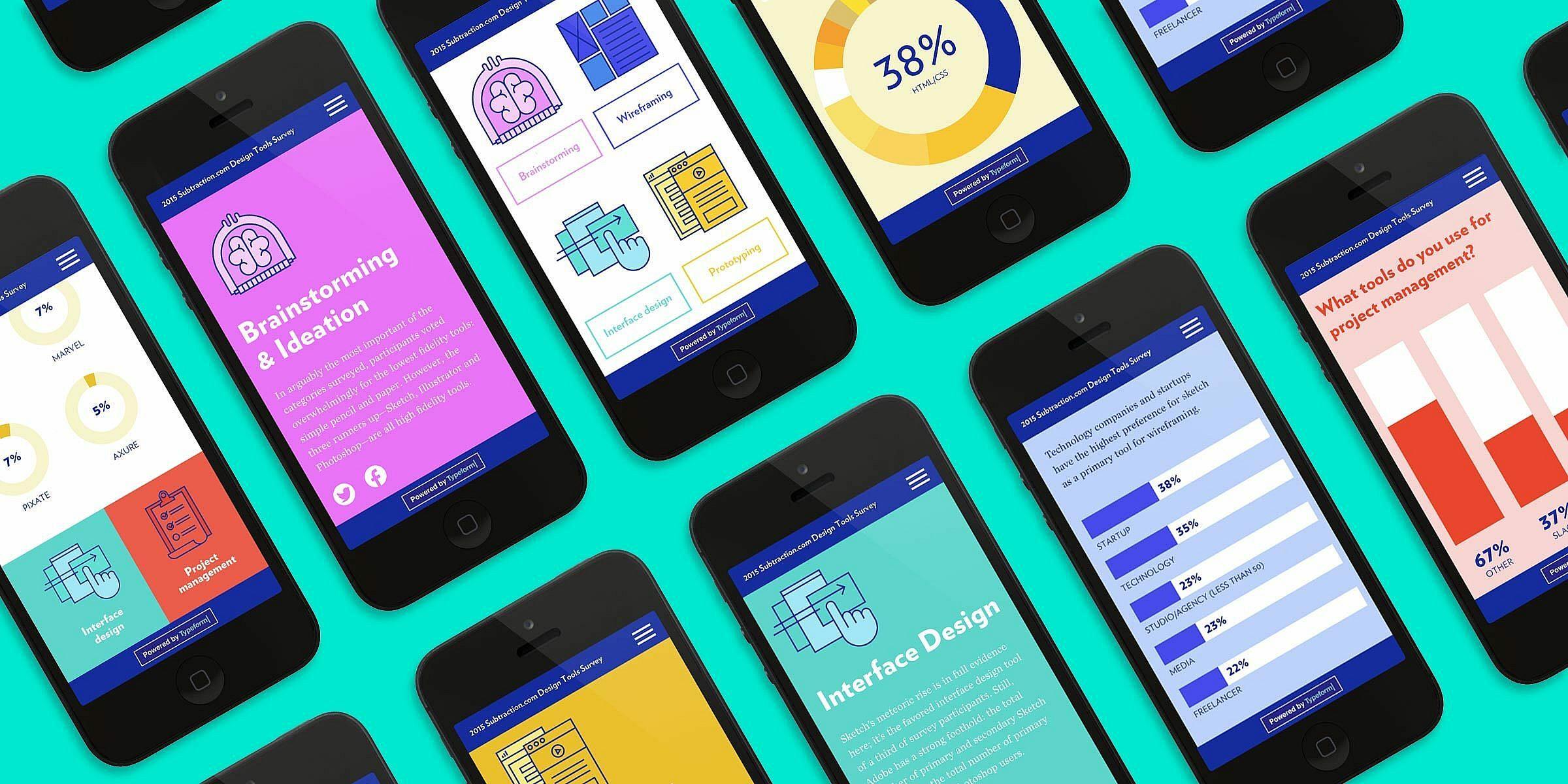 A series of smartphones are displayed on a turquoise background. Each phone shows different screens with colorful designs and charts, featuring information on brainstorming, ideation, interface design, and survey results in various graphical formats.