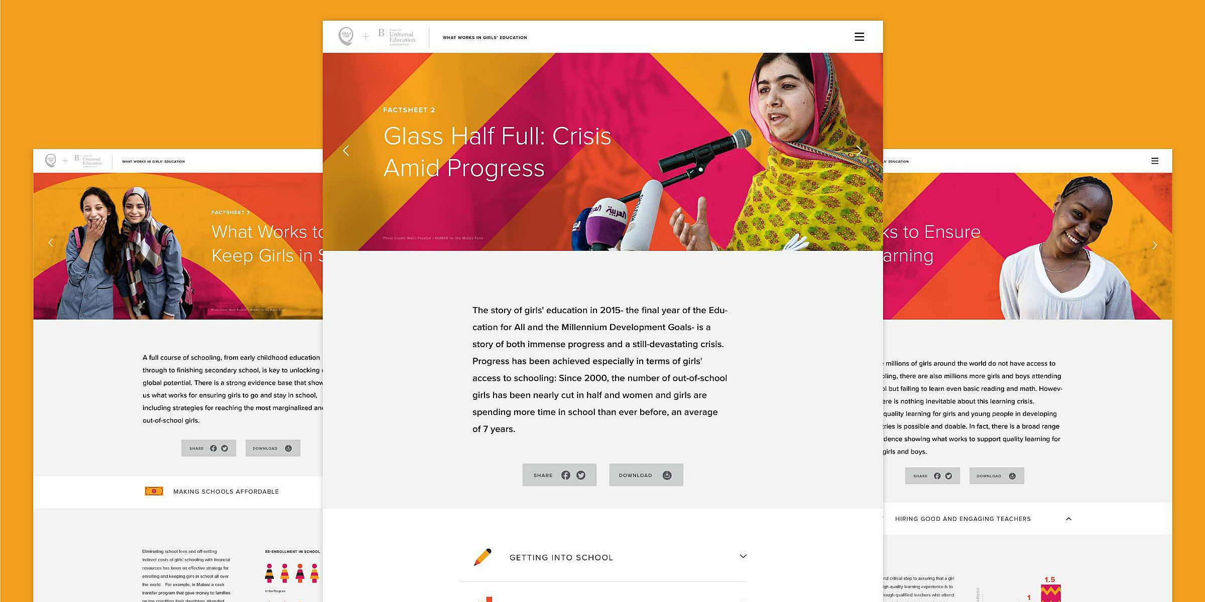 A website screenshot with three overlapping screens displays articles about education for girls. The center screen headline reads "Glass Half Full: Crisis Amid Progress," accompanied by an image of a woman speaking into a microphone. The background is orange.