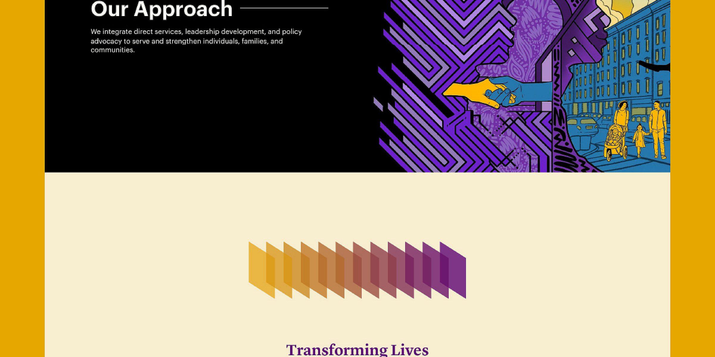 Screenshot of the Osborne website titled "Our Approach." The page features a section on transforming lives with three subsections: Strengthening Families, Building Economic Stability, and Promoting Health and Healing, each accompanied by brief descriptions and icons.