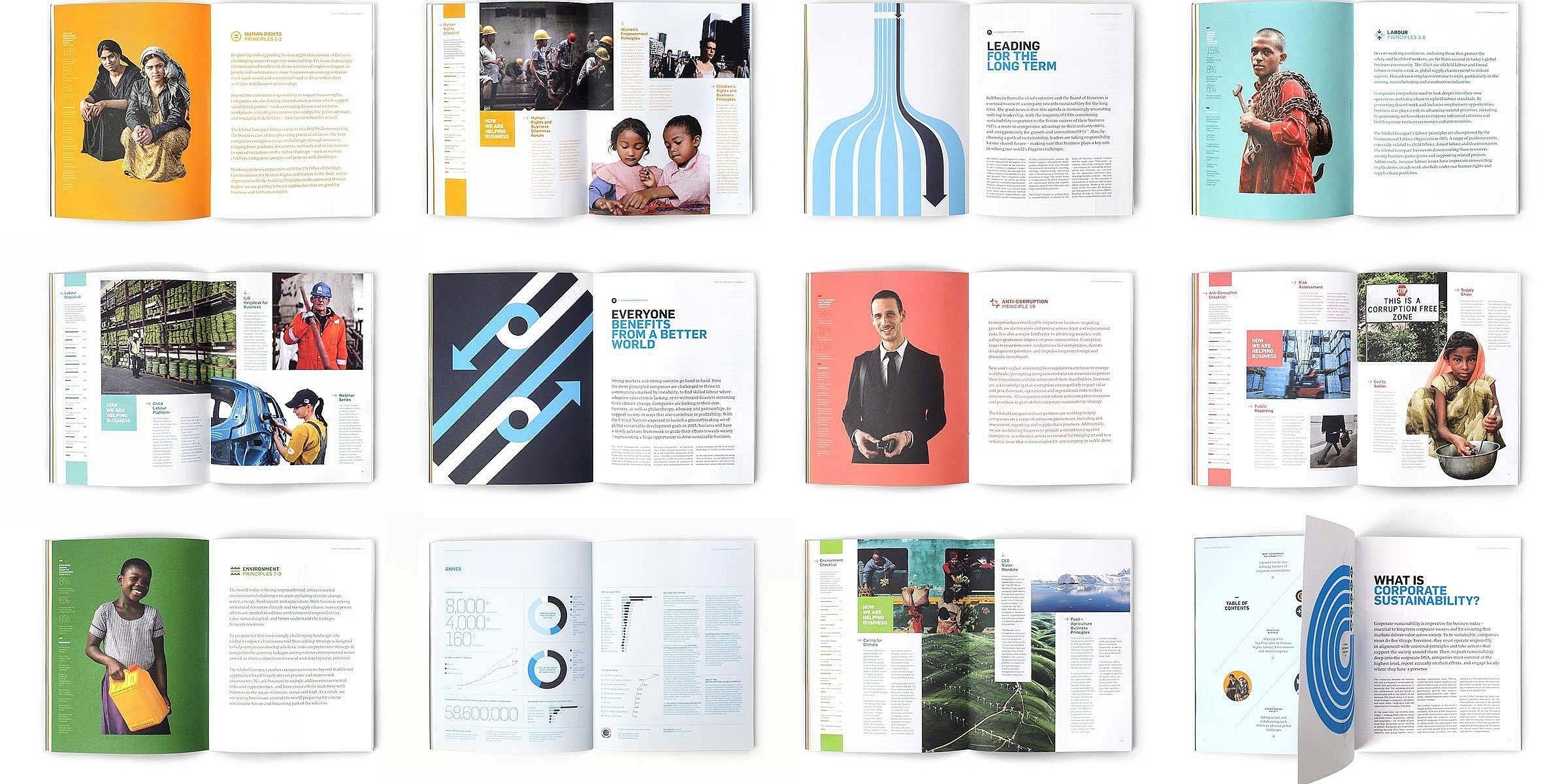 A layout of a multi-page brochure displayed in a grid format. The brochure contains a mix of text, infographics, and images featuring people, colorful designs, charts, maps, and various icons. The pages emphasize varied topics through visually appealing content.