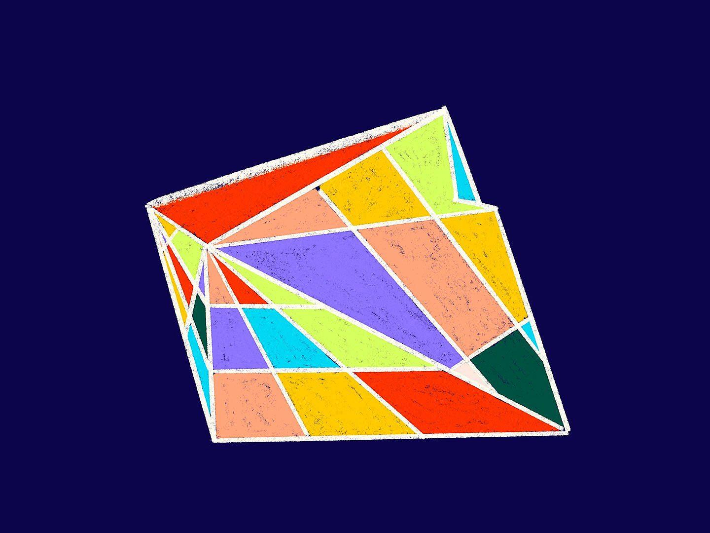 Abstract illustration of a skewed rectangular prism composed of various irregular geometric shapes in bright colors including red, orange, yellow, green, blue, and purple, set against a dark blue background.