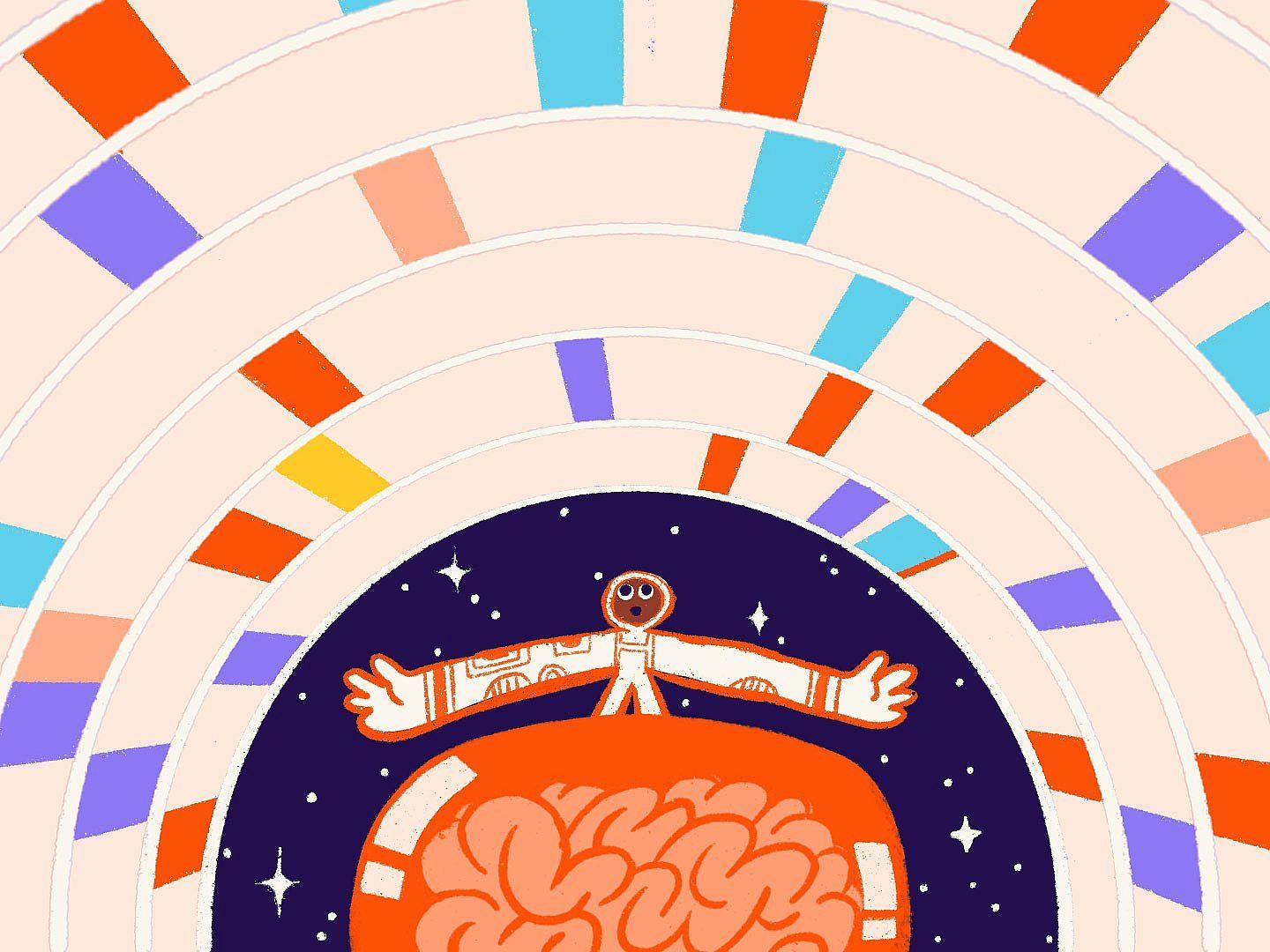 A cartoon figure stands joyfully on a large brain, arms outstretched. The background features colorful, concentric arches with alternating blue, red, and orange segments, evoking a sense of movement and energy. Stars dot the dark sky behind.