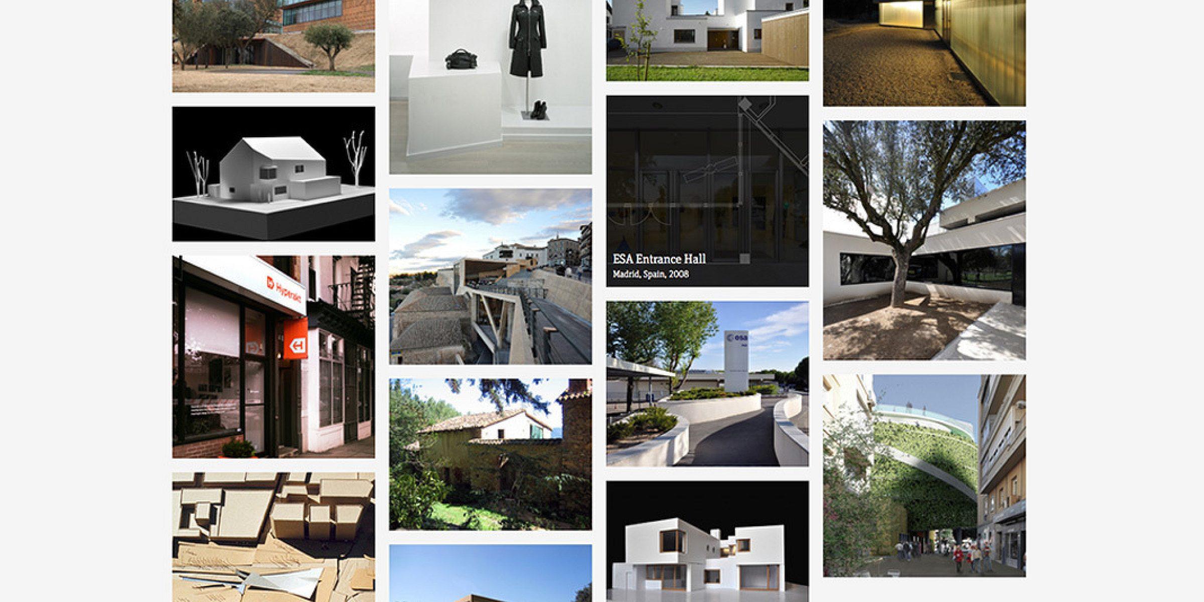 A collage of various architecture projects including modern building exteriors, interior designs, architectural models, and exhibition spaces. The images feature a mixture of residential, commercial, and exhibition hall designs, displayed in a grid pattern.