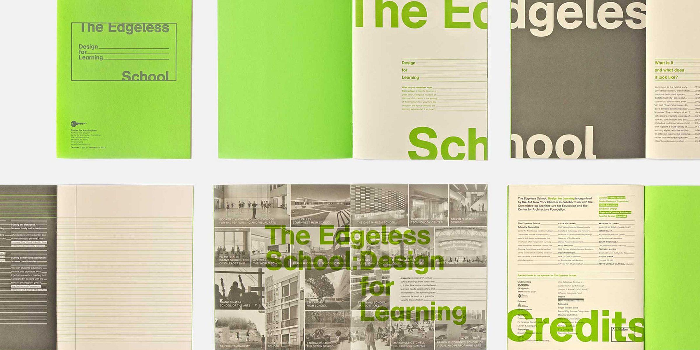 A series of booklets titled "The Edgeless School: Design for Learning" are displayed. Each booklet features bold typography and a green and beige color scheme. Some booklets are opened, showing grids of photos, text blocks, and lists of credits inside.