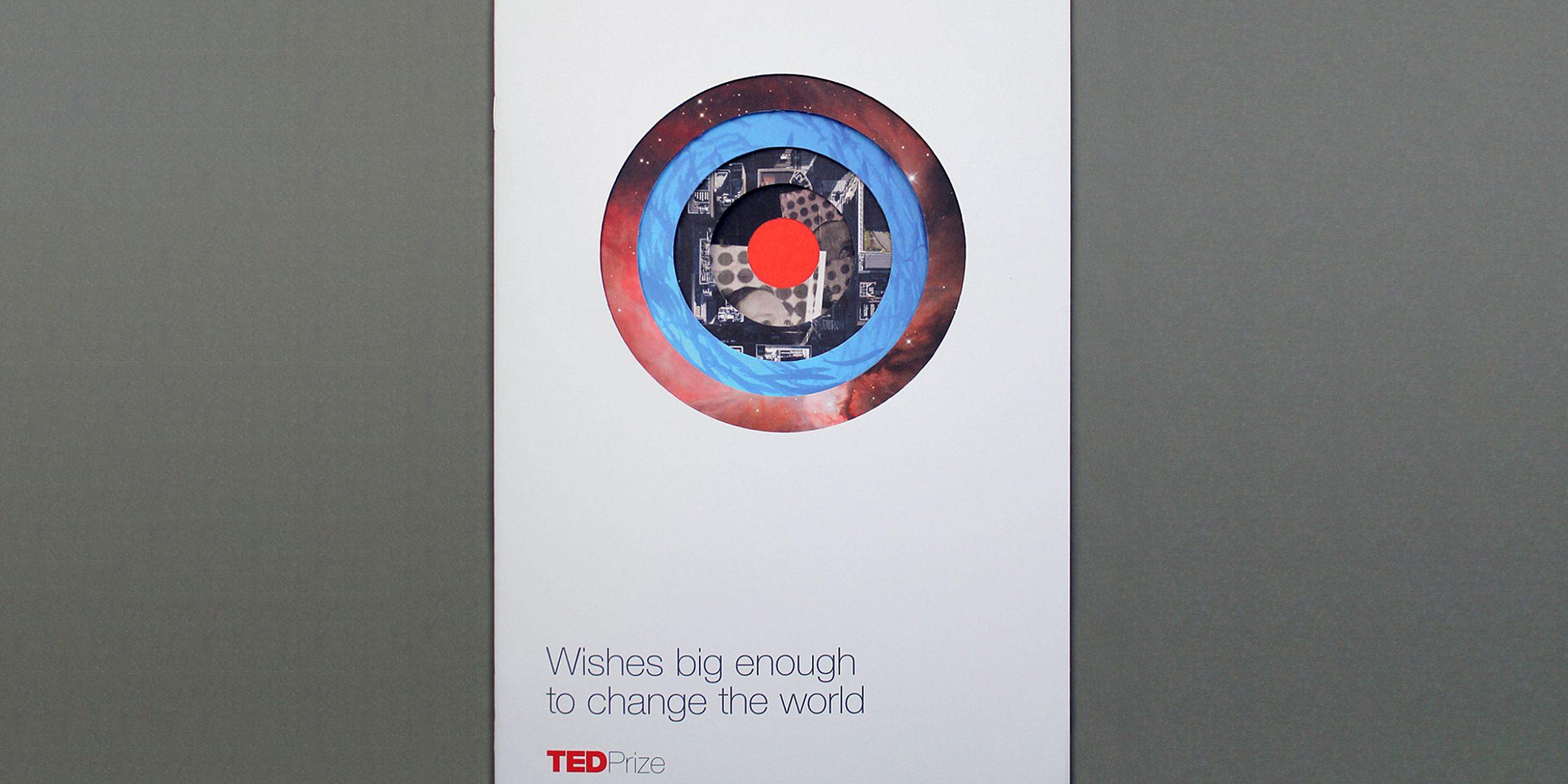 An image of a TED Prize booklet with a white cover. The cover features a circular design with images of space, a cityscape, and abstract shapes. The text reads "Wishes big enough to change the world" followed by the TED Prize logo at the bottom.