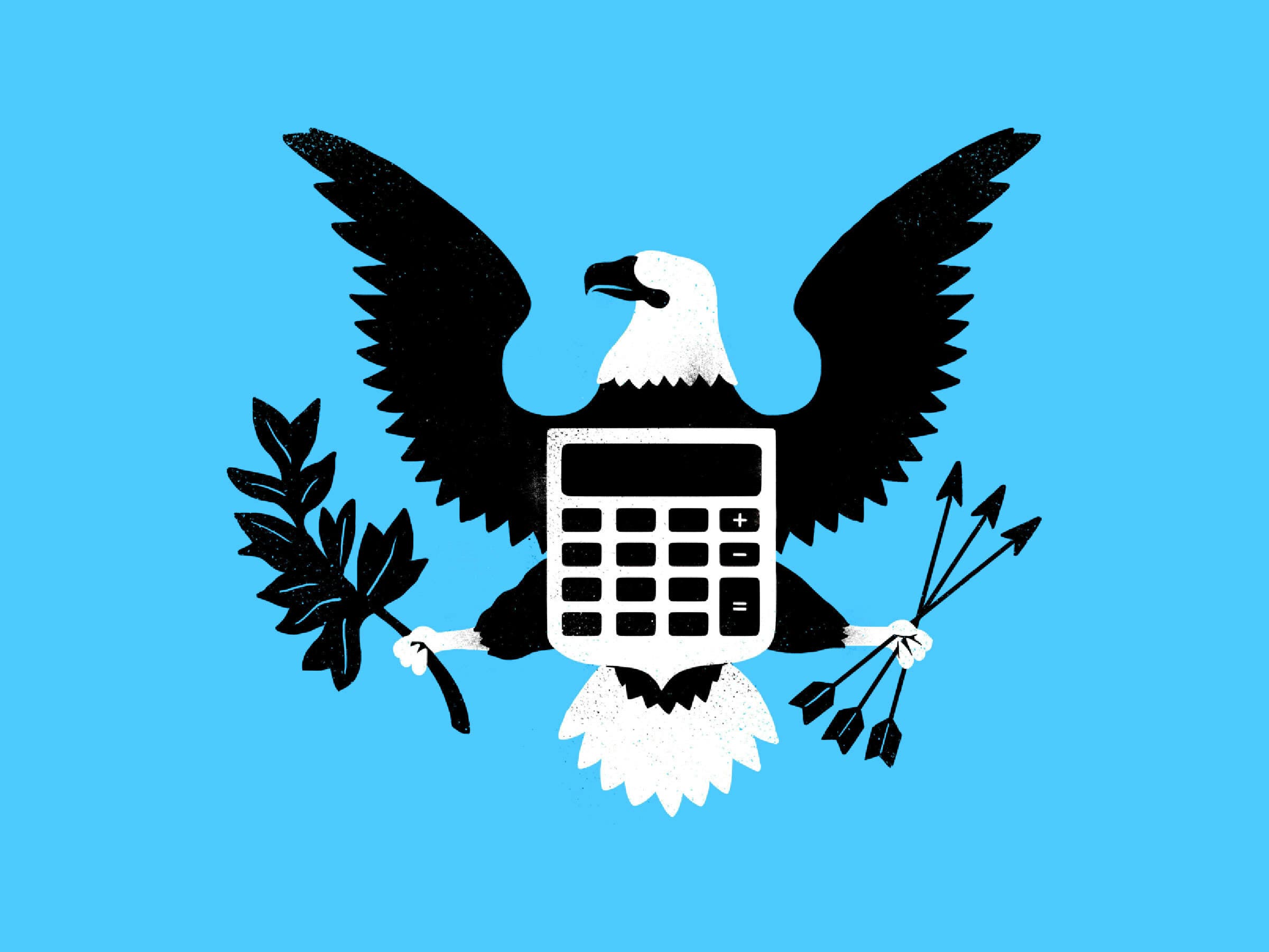 Illustration of a bald eagle with spread wings, holding an olive branch in one talon and a bundle of arrows in the other. A calculator is superimposed over the eagle's body. The background is solid blue.