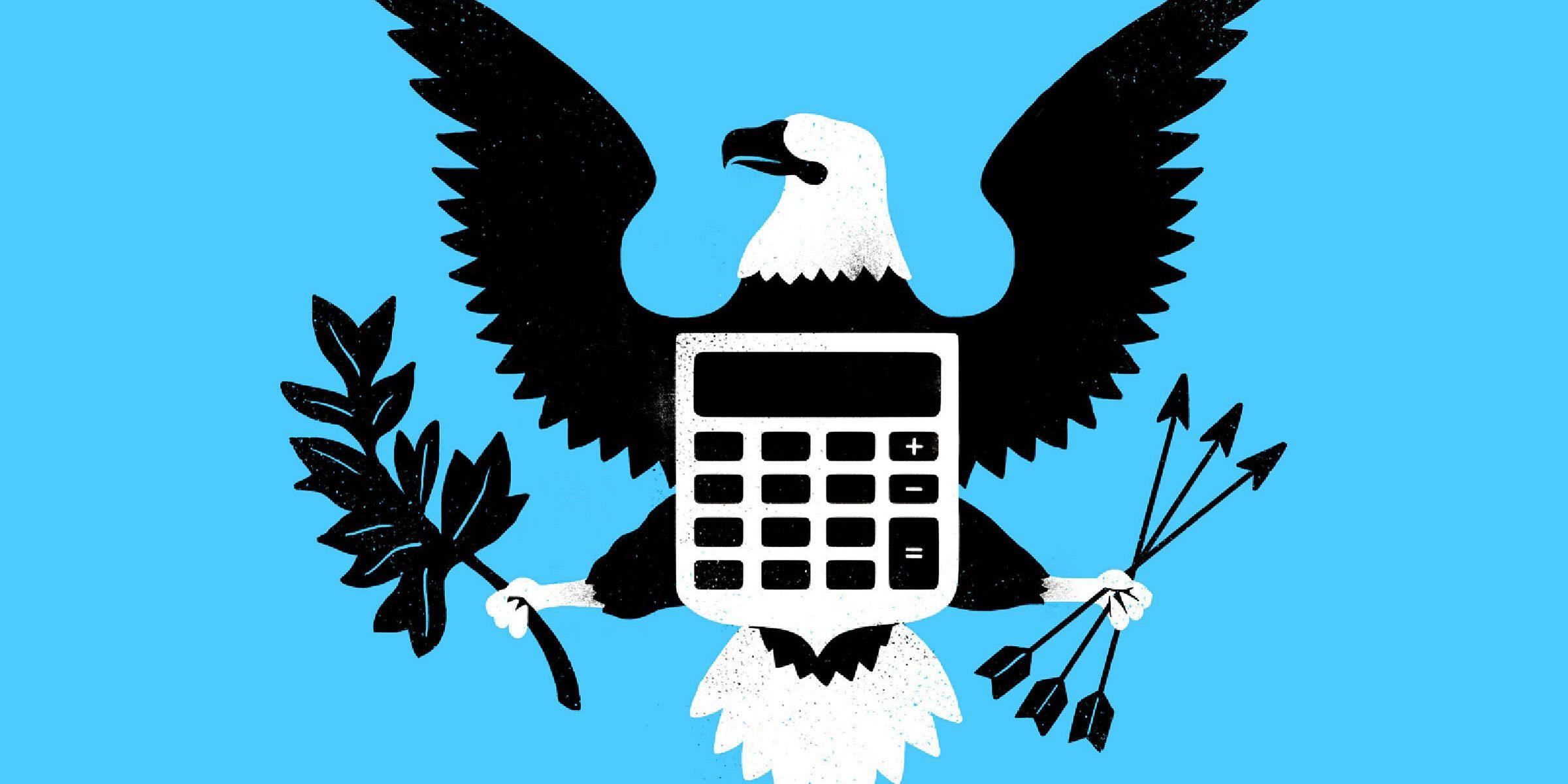 Illustration of a bald eagle with spread wings, holding an olive branch in one talon and a bundle of arrows in the other. A calculator is superimposed over the eagle's body. The background is solid blue.