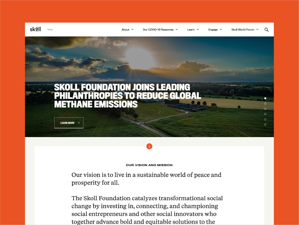 Screenshot of the Skoll Foundation website with a banner image of a scenic landscape at sunset. The text reads, "Skoll Foundation joins leading philanthropies to reduce global methane emissions." Below, a section titled "Our Vision and Mission" includes additional text.