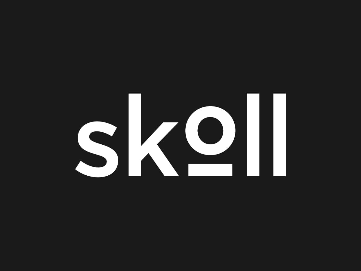 A black background features the word "skoll" written in bold, white lowercase letters. The second "l" is designed as an upright line with an underline, creating a unique, stylized look.