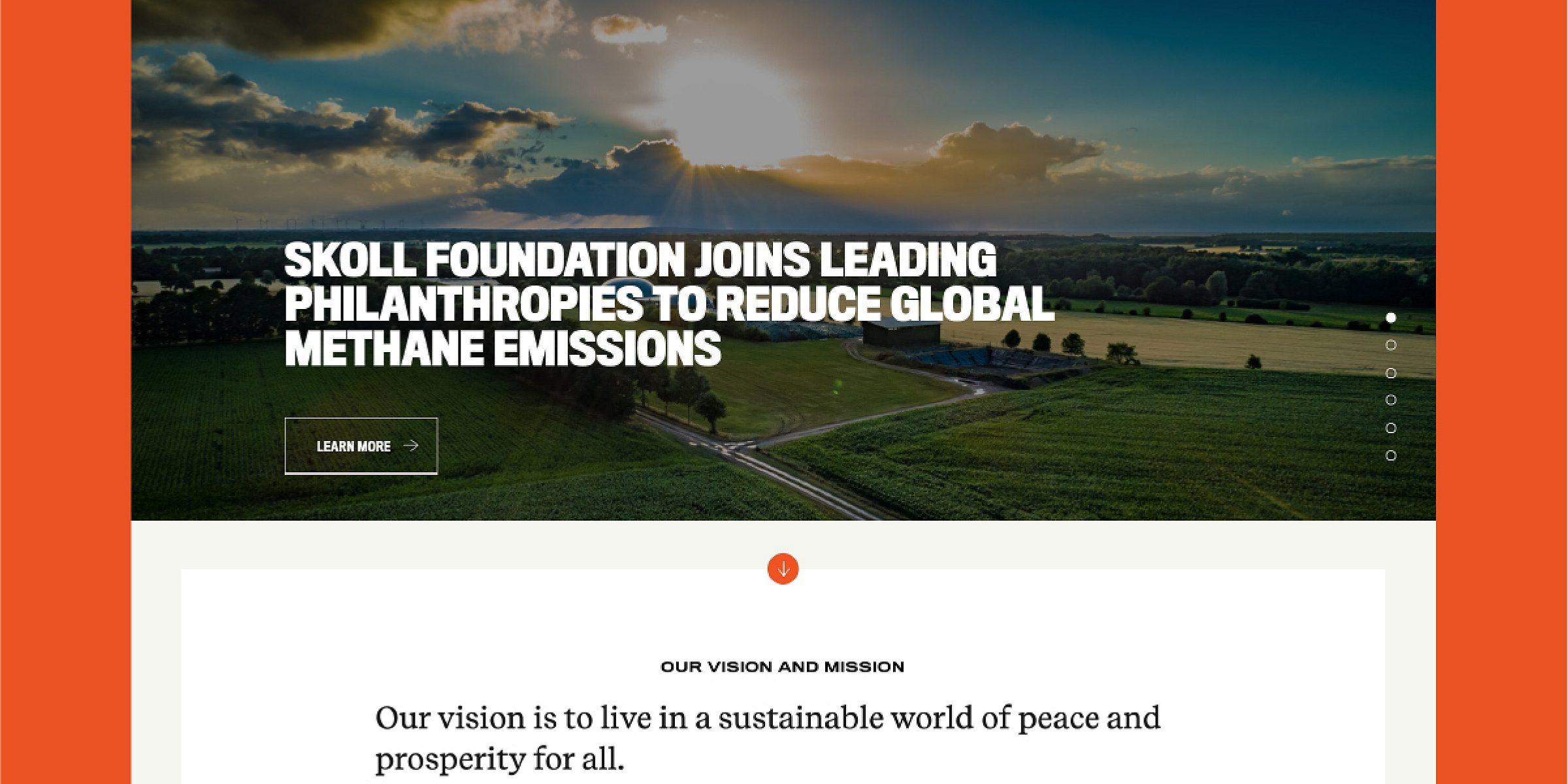 Screenshot of the Skoll Foundation website with a banner image of a scenic landscape at sunset. The text reads, "Skoll Foundation joins leading philanthropies to reduce global methane emissions." Below, a section titled "Our Vision and Mission" includes additional text.