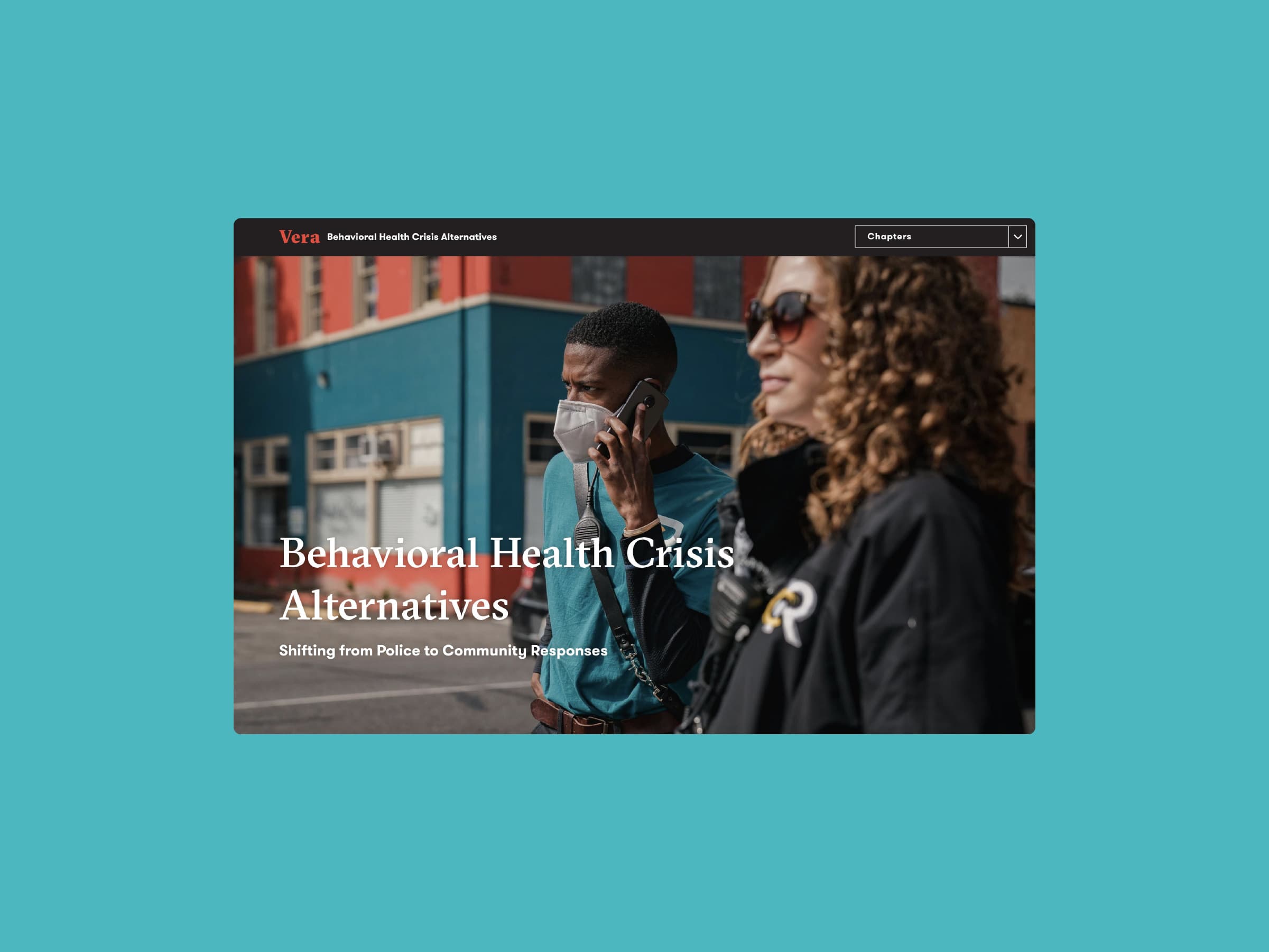 A man wearing a face mask speaks on the phone while a woman with curly hair and sunglasses stands nearby. The website header reads "Behavioral Health Crisis Alternatives" with a subtitle about shifting from police to community response.