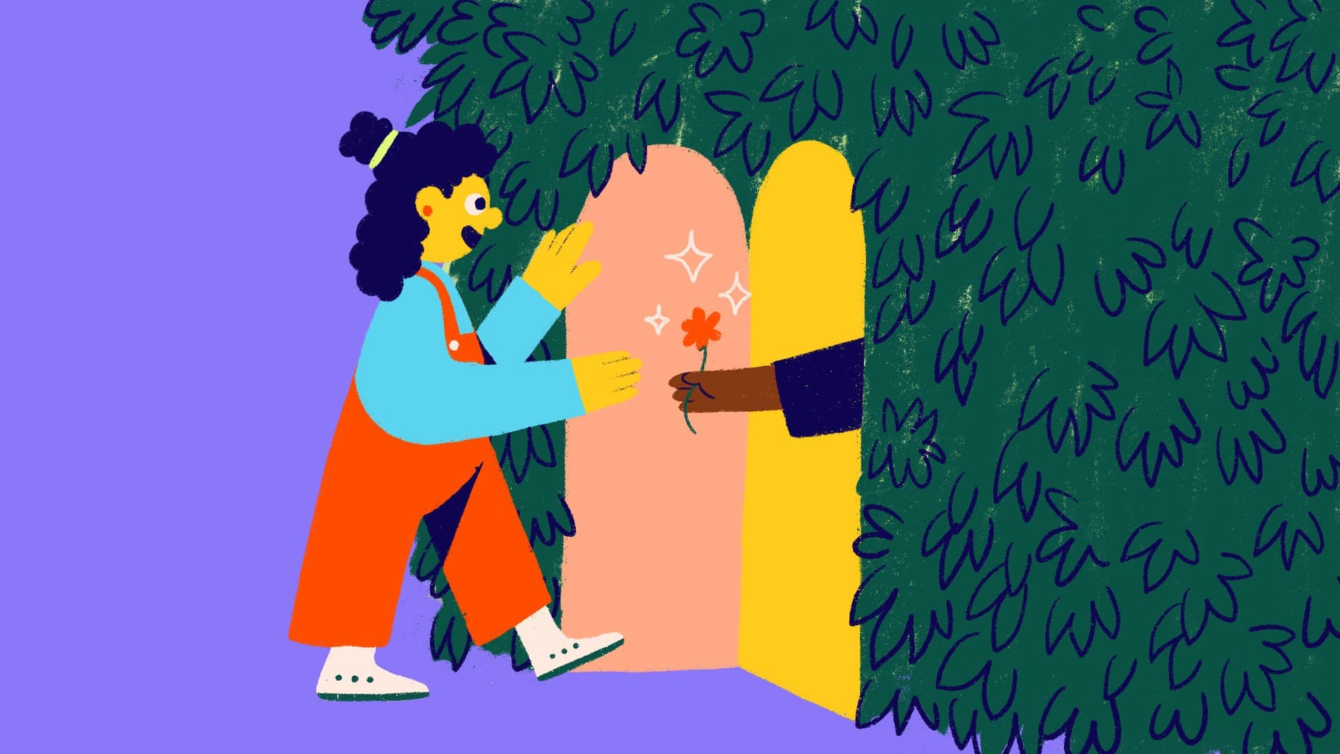 A colorful illustration shows a person with black curly hair and glasses, dressed in a blue shirt and orange overalls, happily receiving a red flower from another person whose hand extends through an arched doorway hidden in a lush green tree.