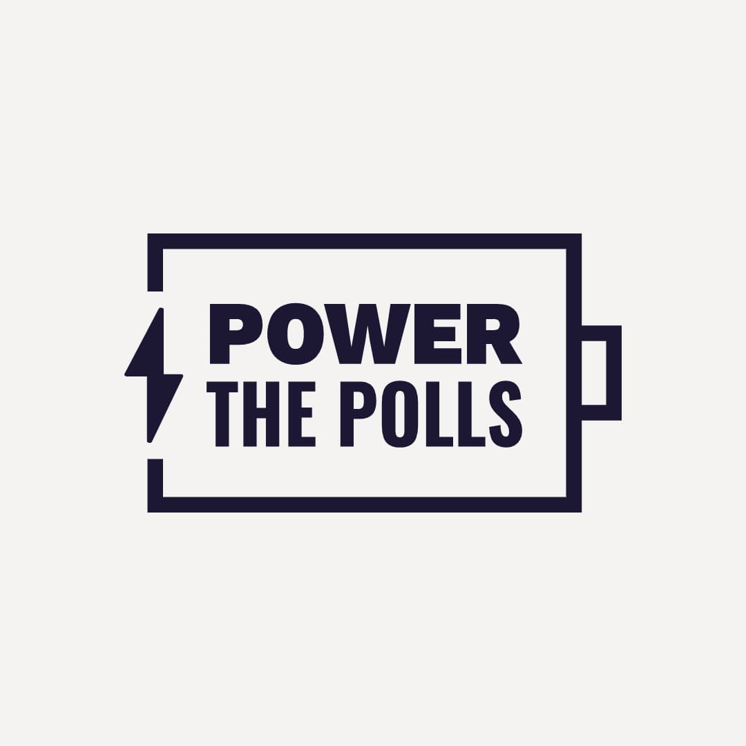 A stylized graphic of a battery icon with a vertical lightning bolt on the left side, and the words "POWER THE POLLS" in bold, uppercase letters inside the battery outline on a white background.