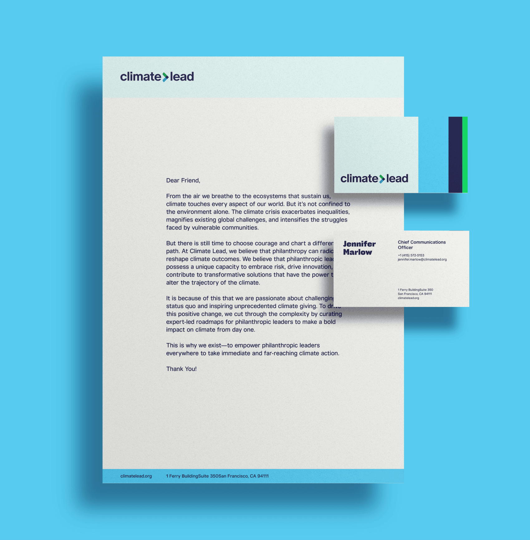 A letterhead, compliment card, and business card from 'Climate Lead' are displayed on a blue background. The letter describes the organization’s commitment to addressing climate change. The business card has contact information for Jennifer Harlow from Communications.