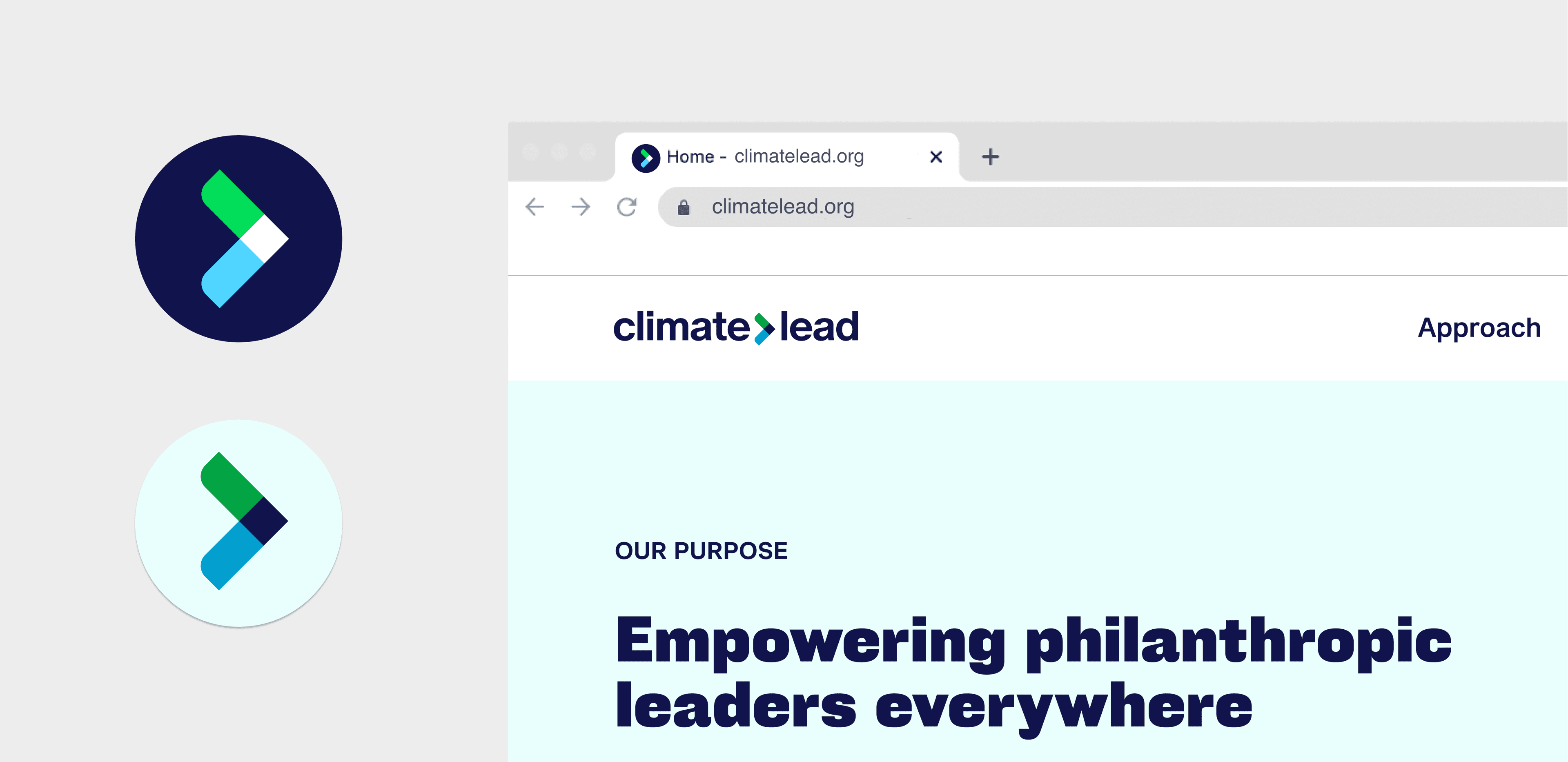 A screenshot of a website with the URL climatelead.org. The page header features the logo "climate>lead" and navigations options. Below, large text reads, "Empowering philanthropic leaders everywhere." The left side shows the website's logo in dark blue and light blue versions.