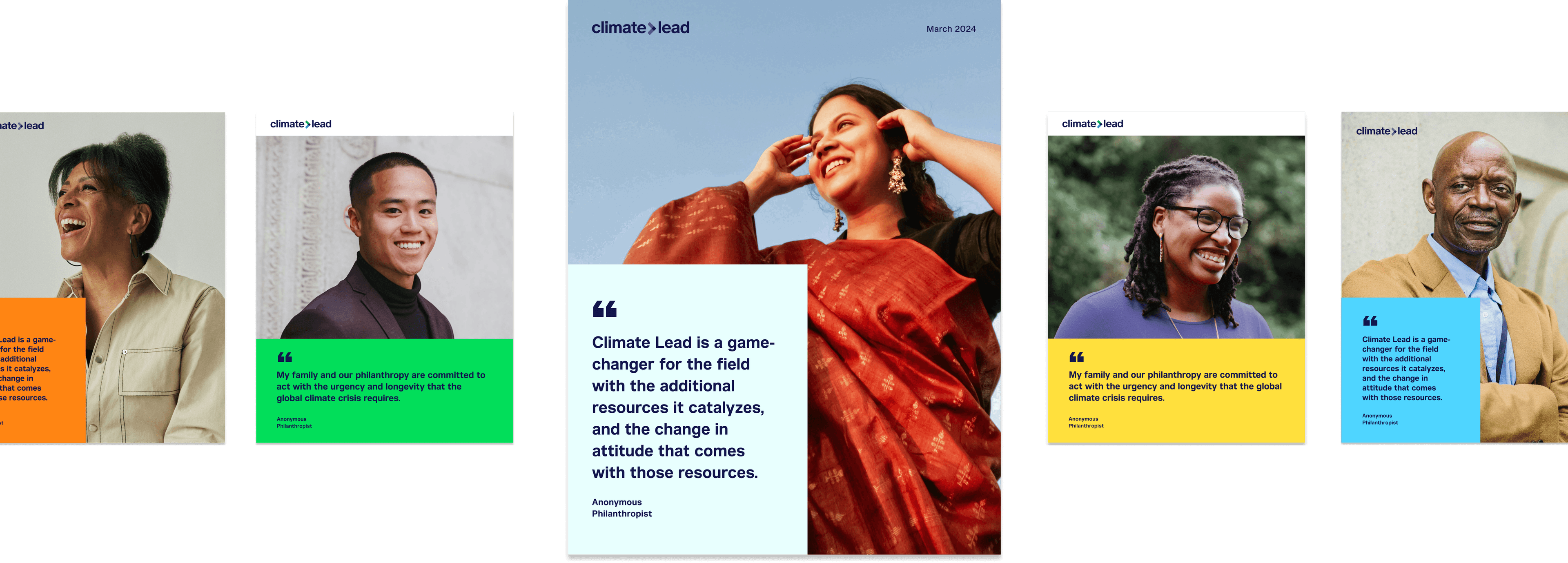 A collection of posters features diverse individuals with quotes about climate leadership. The central poster showcases a woman in a red dress with a broad smile, flanked by other posters of smiling people sharing inspirational climate-related messages.