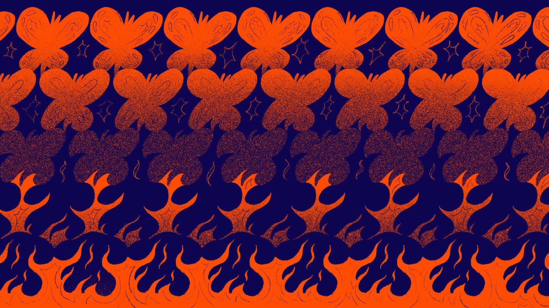 A vibrant pattern featuring rows of stylized orange butterflies, a gradient blending into abstract wave and flame shapes below. Small stars are scattered among the butterflies, all set against a deep purple background.