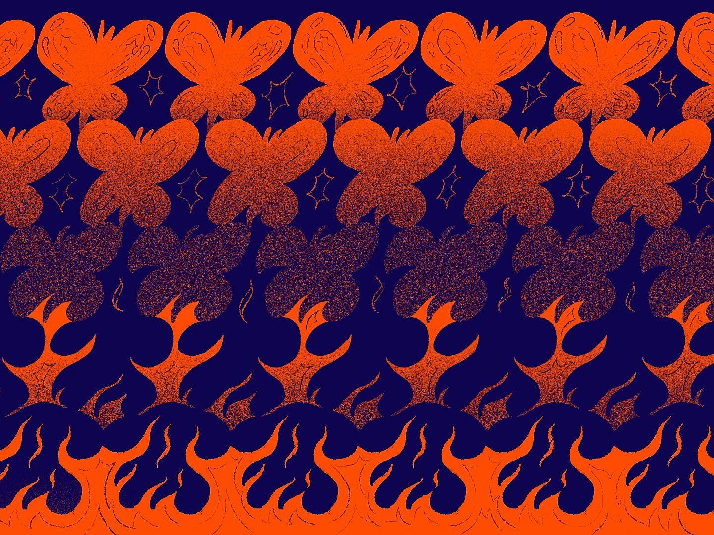 A vibrant pattern featuring rows of stylized orange butterflies, a gradient blending into abstract wave and flame shapes below. Small stars are scattered among the butterflies, all set against a deep purple background.