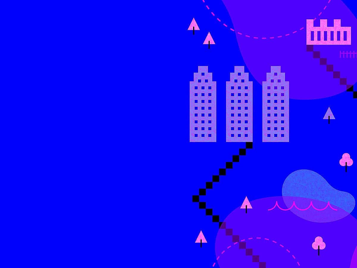 Abstract illustration featuring geometric buildings, trees, and water on a vibrant blue background with pink and purple accents. Various shapes and dotted lines create a dynamic urban landscape, with a large blank blue space on the left.