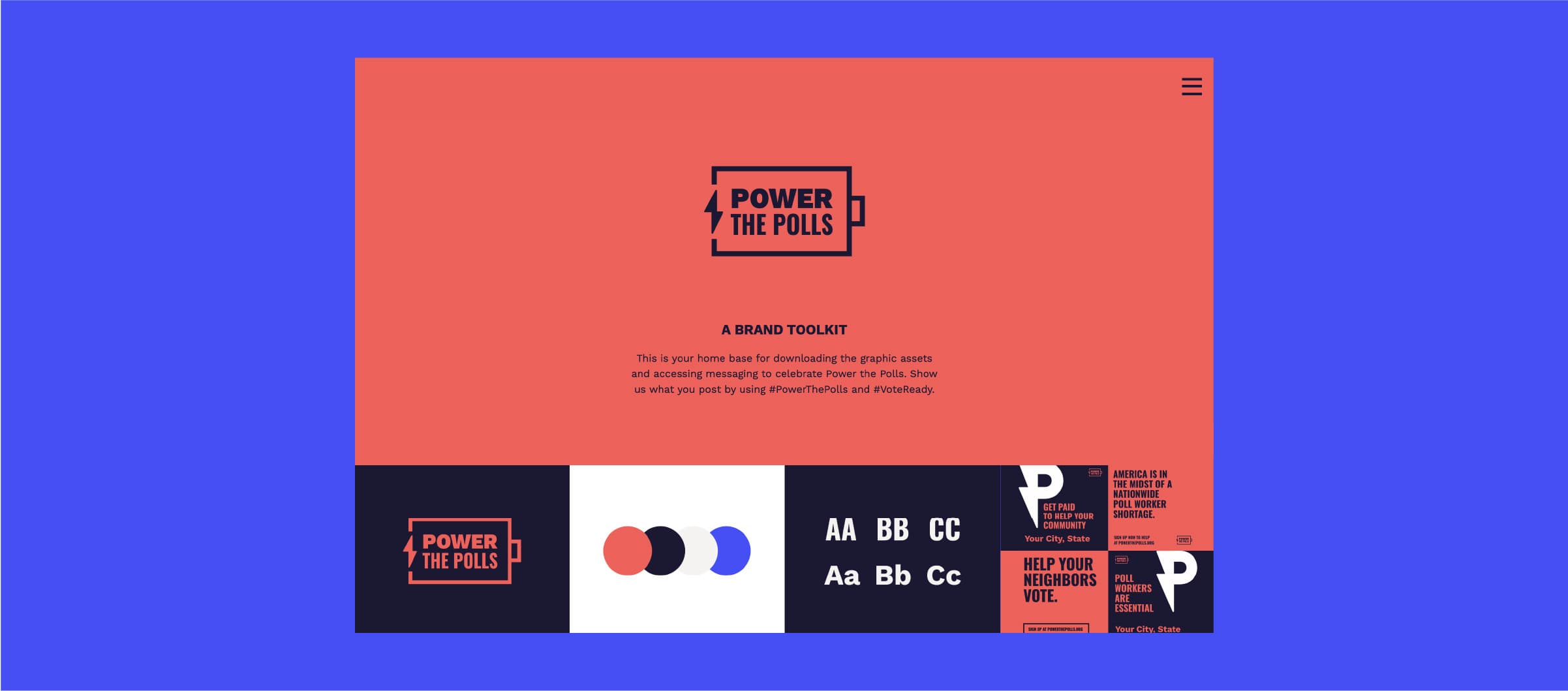 Screenshot of the "Power the Polls" website homepage, featuring a bold red and blue color scheme with the logo and brand toolkit. Elements include various images and text samples of the brand, such as color palettes, typefaces, and messages to encourage voting.