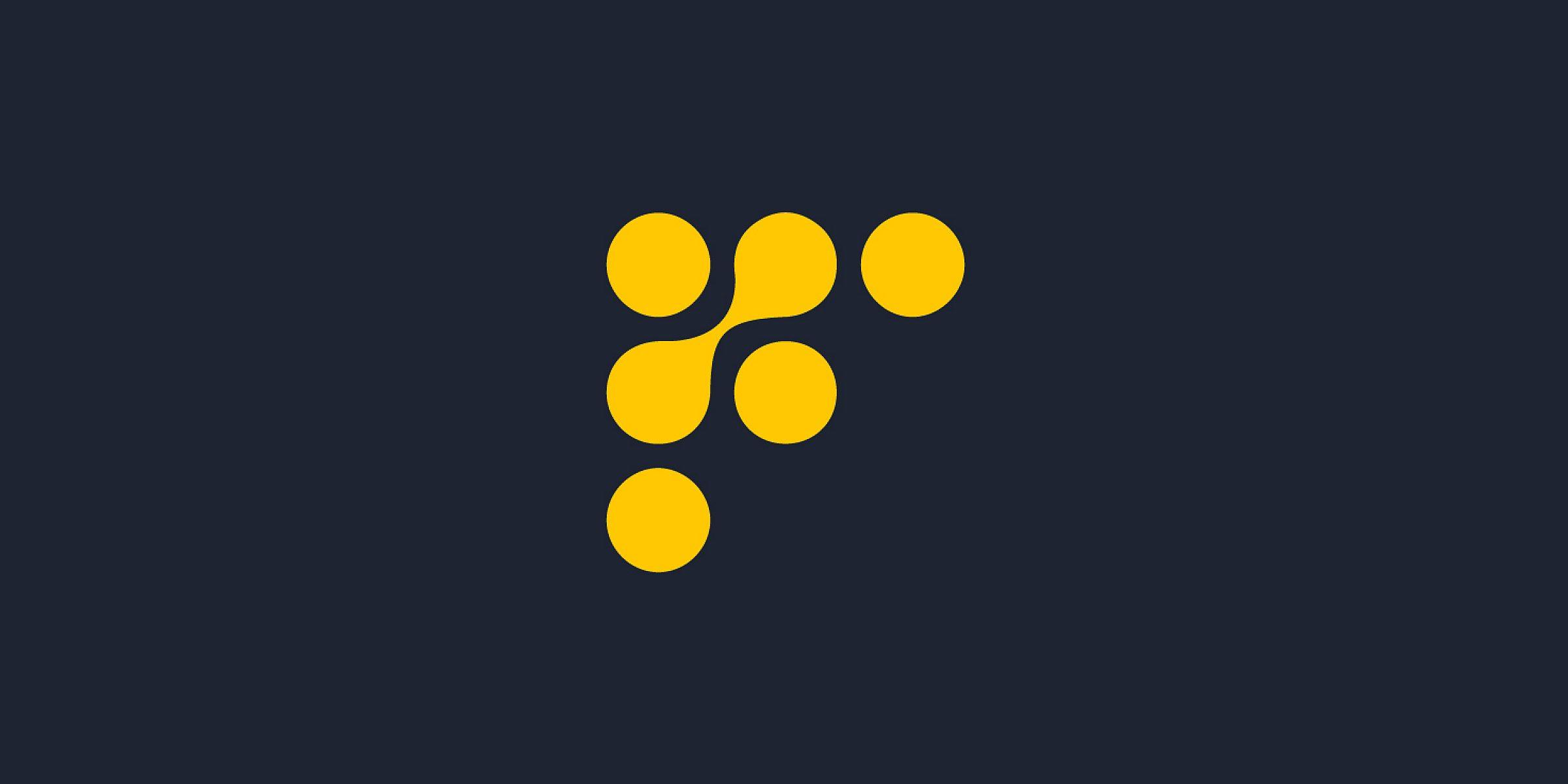 A dark background with a stylized, abstract yellow logo consisting of five circular dots connected by curved lines, forming an upward and rightward pattern. The design is minimalist and modern, centered in the image.