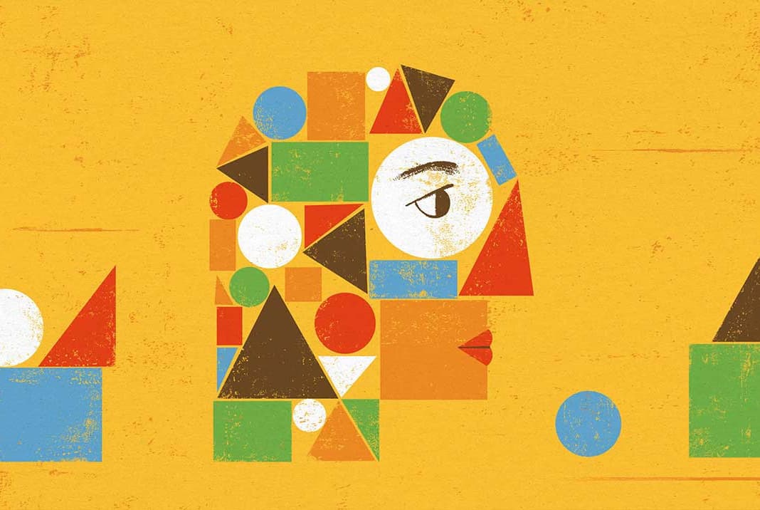 Abstract illustration depicting a human head in profile, composed of colorful geometric shapes including circles, triangles, squares, and rectangles against a yellow textured background. The shapes are arranged to form facial features like an eye, nose, and mouth.