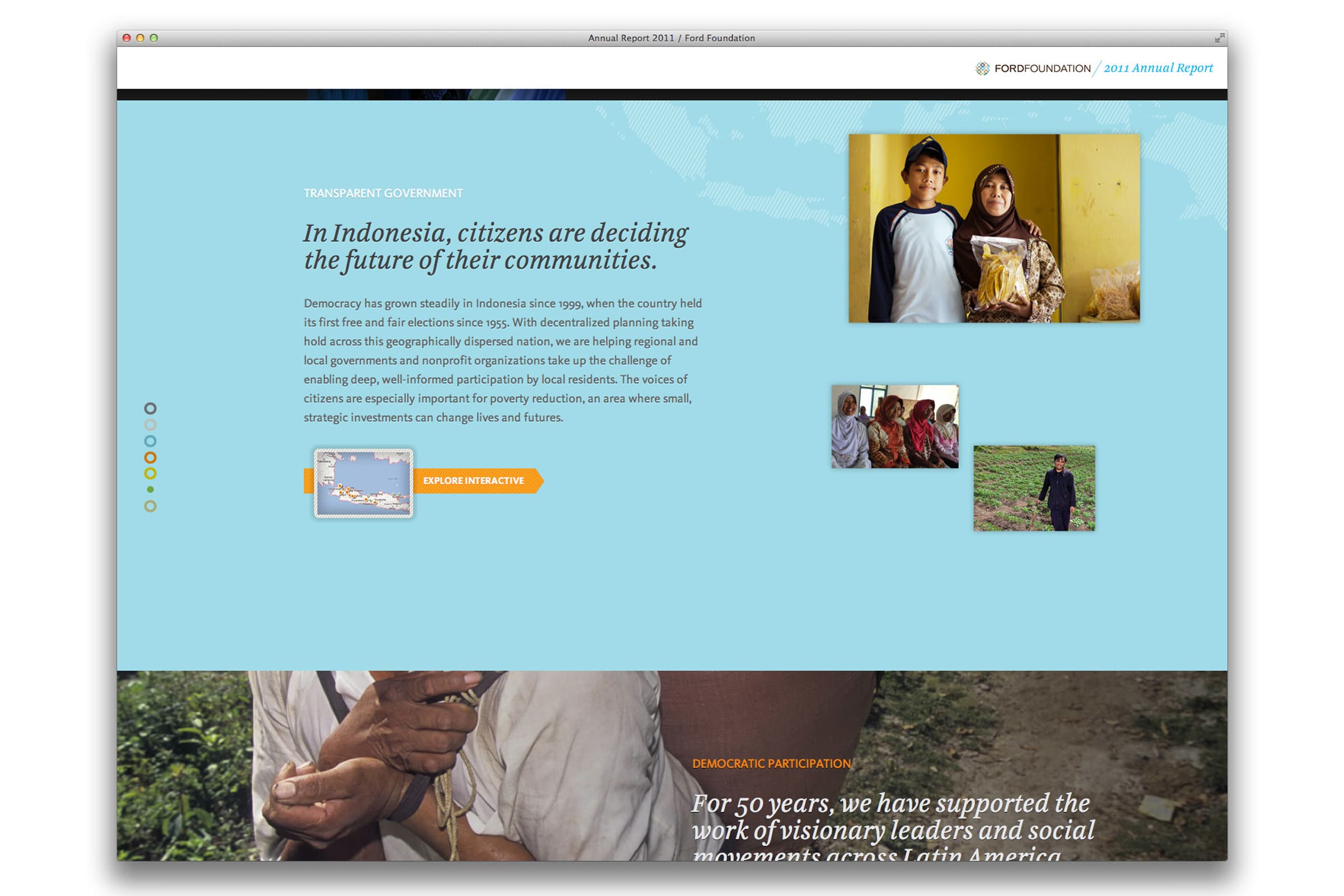 Screenshot of a webpage from the Ford Foundation's 2014 Annual Report. The page discusses initiatives in Indonesia with images of local citizens. There is a headline about citizen decision-making, a blue "Explore Interactive" button, and photos depicting community activities.