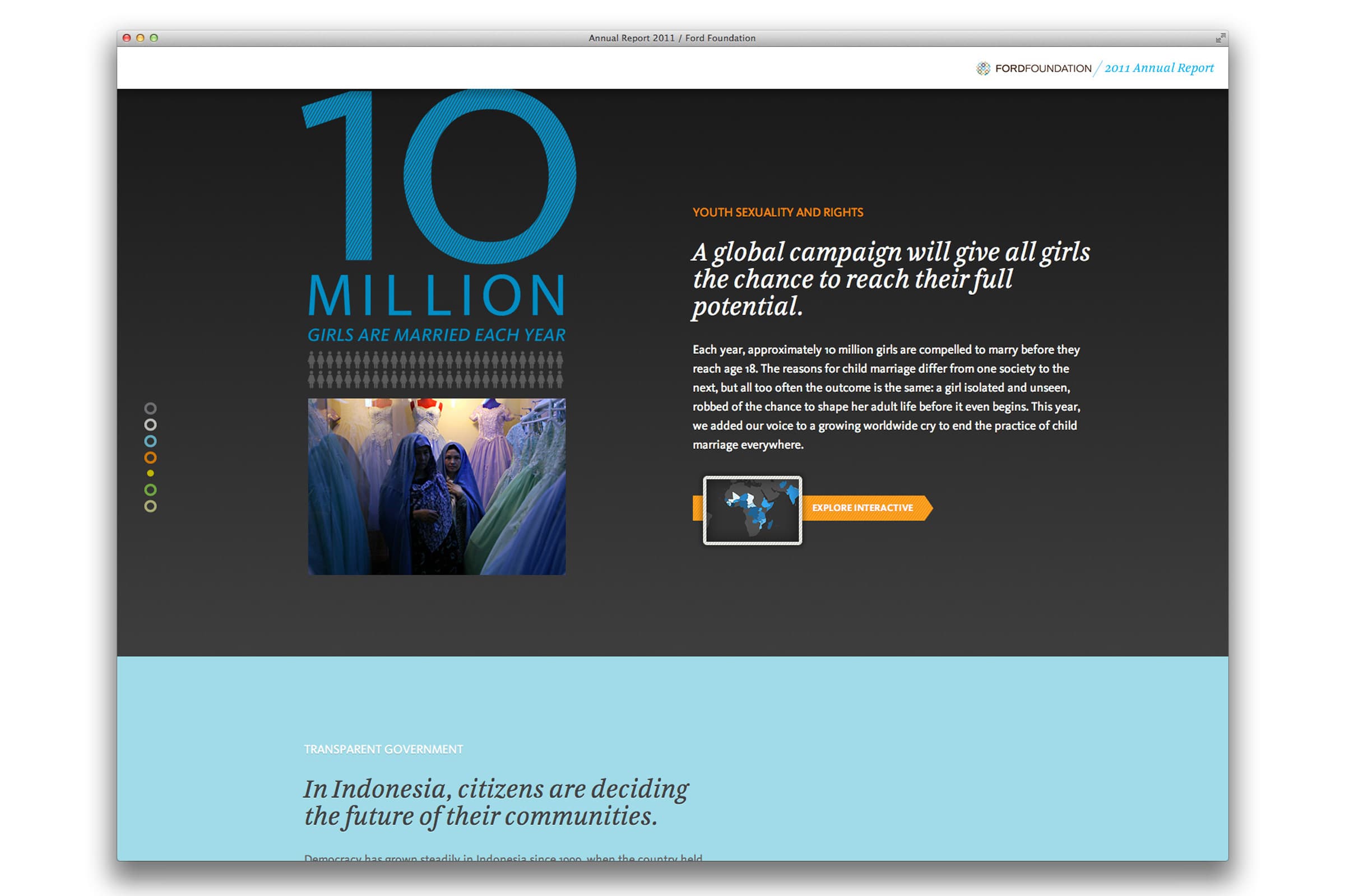 Screenshot of an annual report webpage for the Ford Foundation. It features a large "10 Million" text indicating the number of girls married each year. The page includes a photo of young brides, a paragraph about a global campaign, and a document icon for a data interactive.