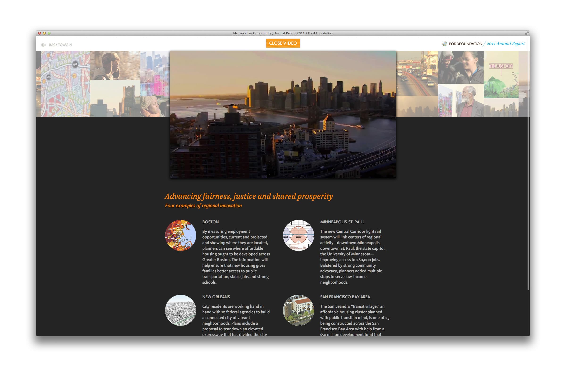 A website page features a banner with a cityscape and sunset. Below, three circular images with text inside detail topics on Boston, Minneapolis-St. Paul, New Orleans, and San Francisco Bay Area, discussing fairness, justice, and shared prosperity.