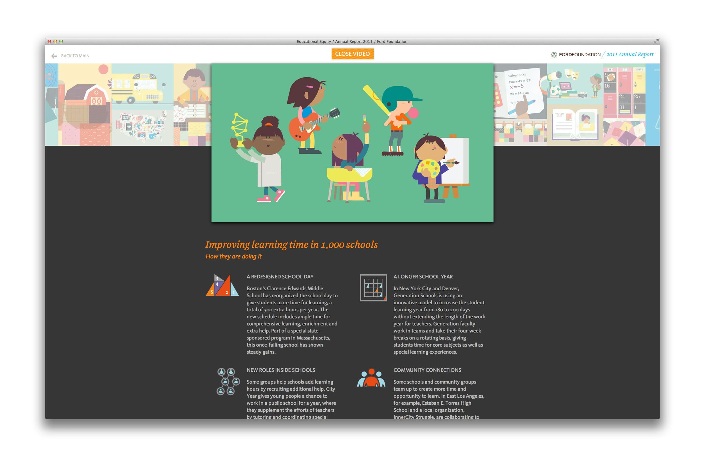 A webpage highlighting educational improvements features a top banner with diverse, cartoon children engaged in learning activities. Below, there is text about optimizing school days, longer school years, enriching schools, and community connections.