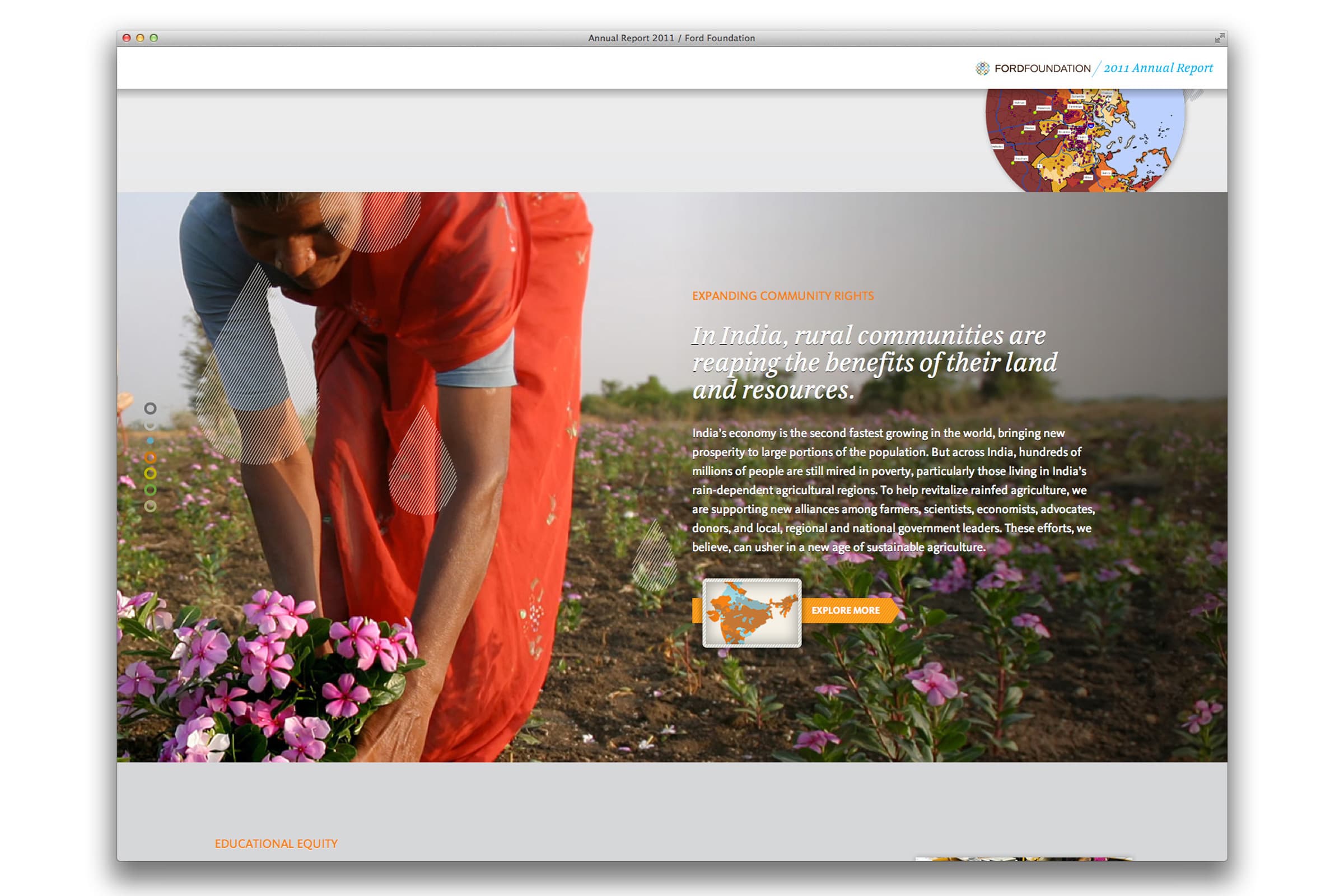 A woman in a red sari is tending to a field of pink and white flowers. Text on the right side of the image reads, "In India, rural communities are reaping the benefits of their land and resources." There is a circular inset with a map and a "Read more" button below it.