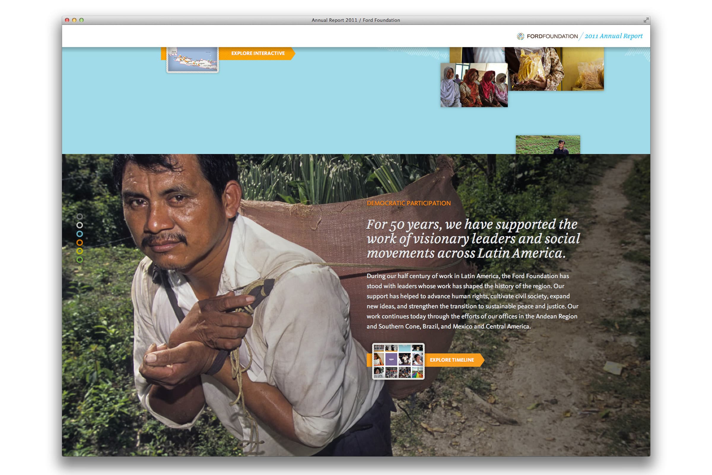 Screenshot of a Fidel Foundation annual report. The image features a man carrying a load on his shoulder, standing outdoors with greenery in the background. Text overlays describe the foundation's support of visionary leaders and social movements across Latin America for 50 years.