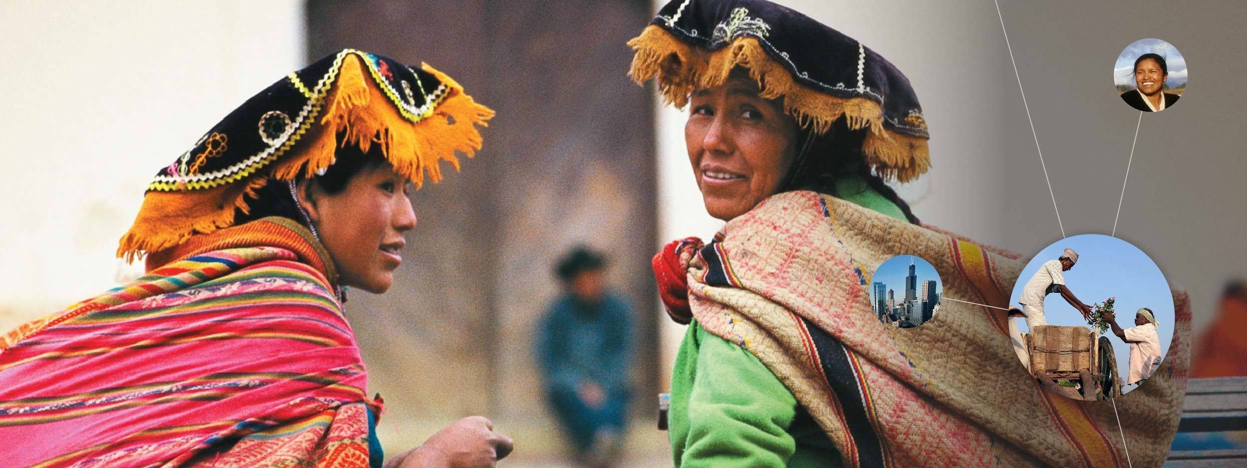 Two women in colorful traditional clothing and elaborate headdresses communicate with each other. The background is blurred with two round insets on the right showing smaller images of people. One inset features a woman and the other shows two men working.