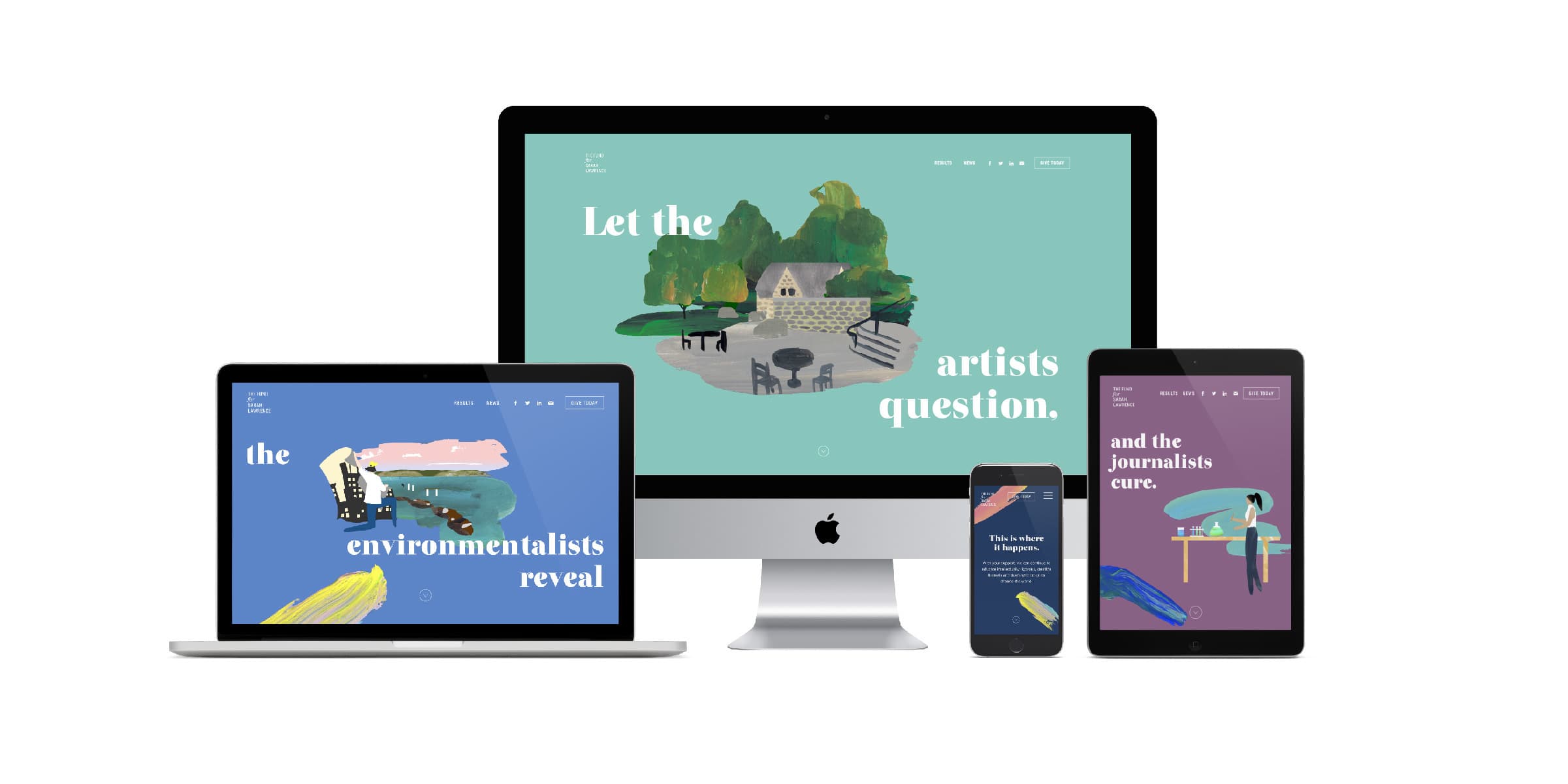 A responsive website design displayed on various devices: a desktop monitor, laptop, tablet, and smartphone. The screens show artistic illustrations with varying phrases, including "Let the artists question," "the environmentalists reveal," and "and the journalists cure.