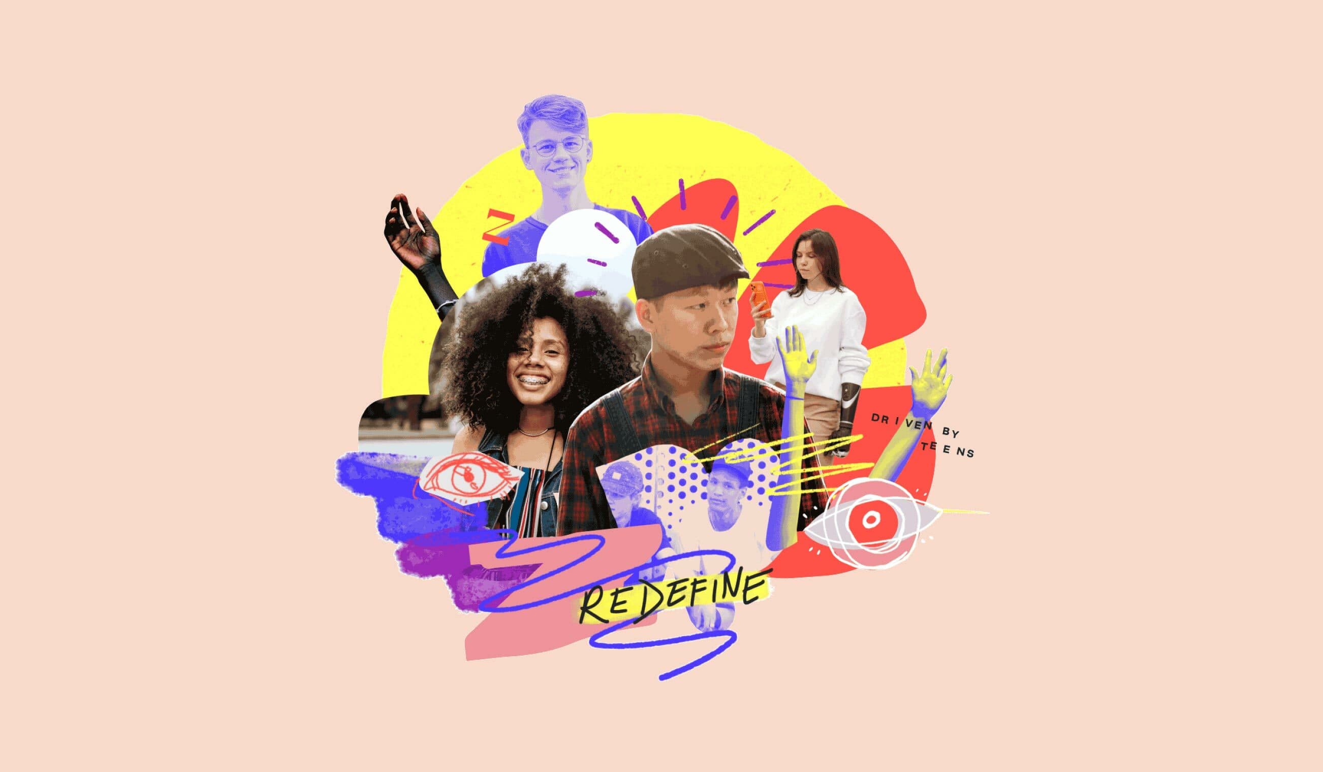 A colorful digital collage features four individuals, each uniquely dressed, with vibrant abstract elements like paint splashes, doodles, and handprints. The word "REDEFINE" is prominently displayed over a dynamic background of pink, yellow, purple, and blue.