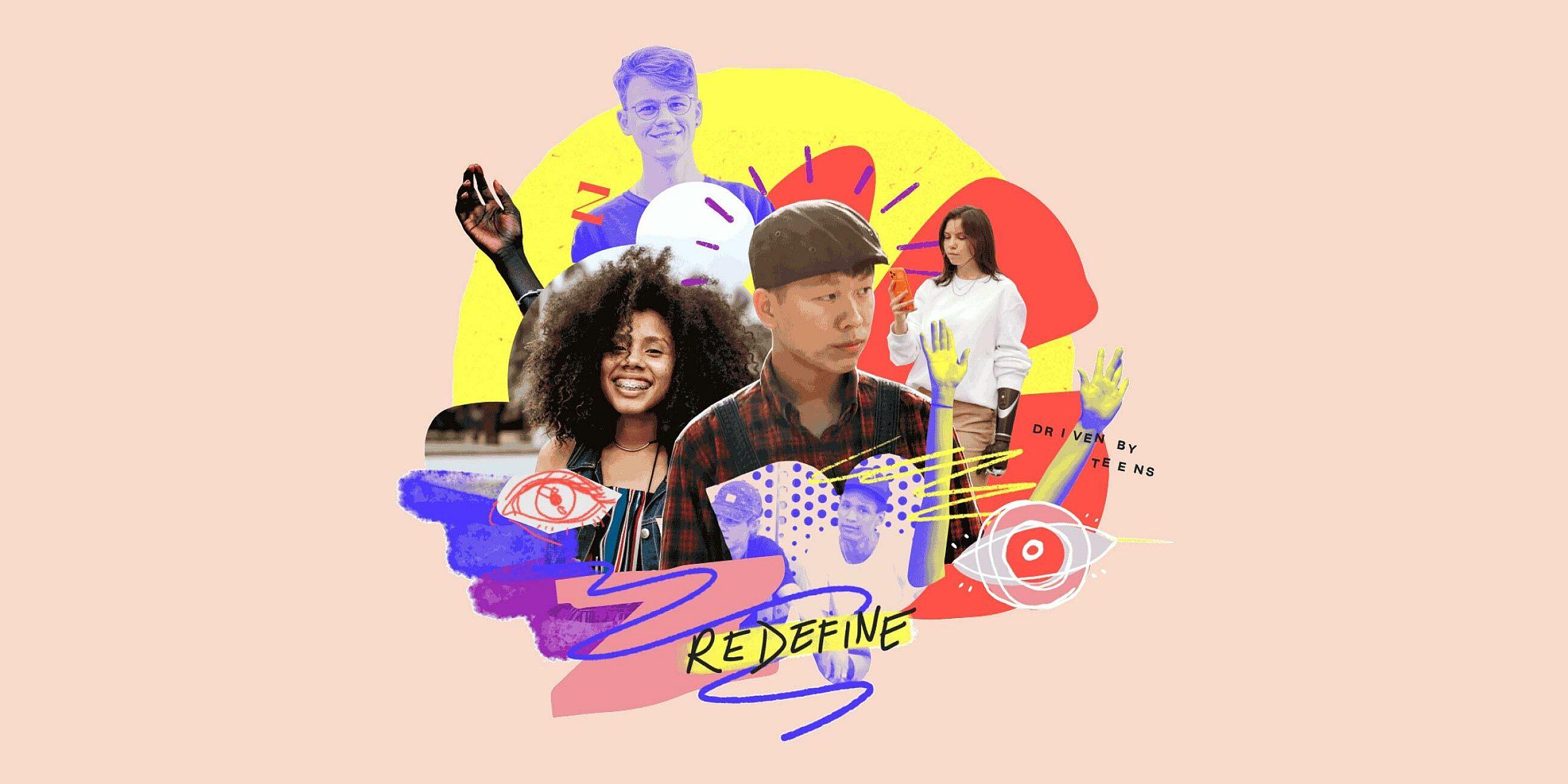 A colorful digital collage features four individuals, each uniquely dressed, with vibrant abstract elements like paint splashes, doodles, and handprints. The word "REDEFINE" is prominently displayed over a dynamic background of pink, yellow, purple, and blue.